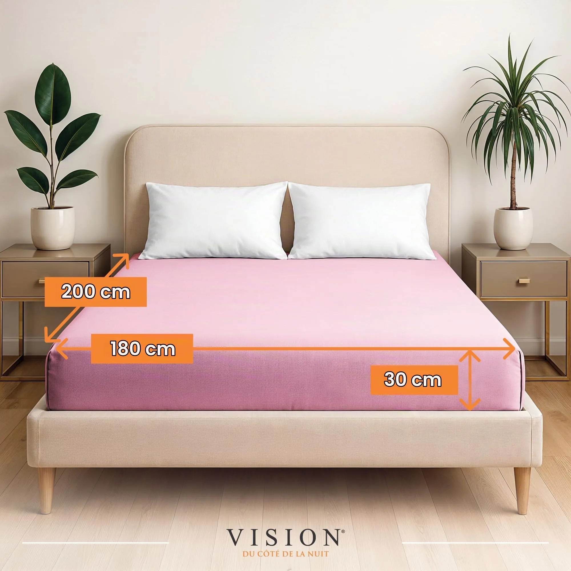 VISION Lenzuolo con angoli 100% cotone, Letto matrimoniale 180 x 200 cm, Rosa - immagine 2