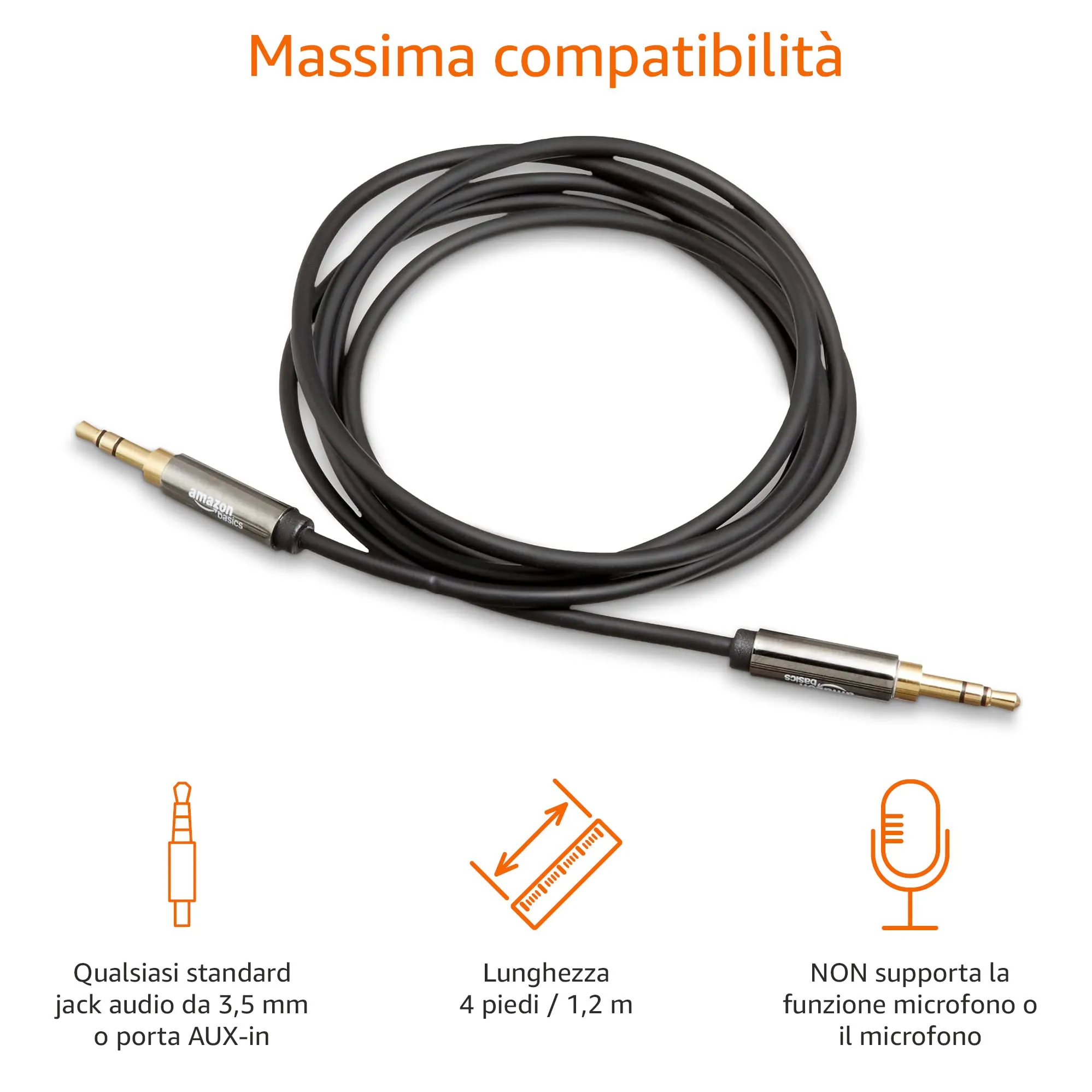 Amazon Basics Cavo Audio Stereo 3,5 mm maschio a 3,5 mm maschio, 1.2 m, Nero - immagine 4
