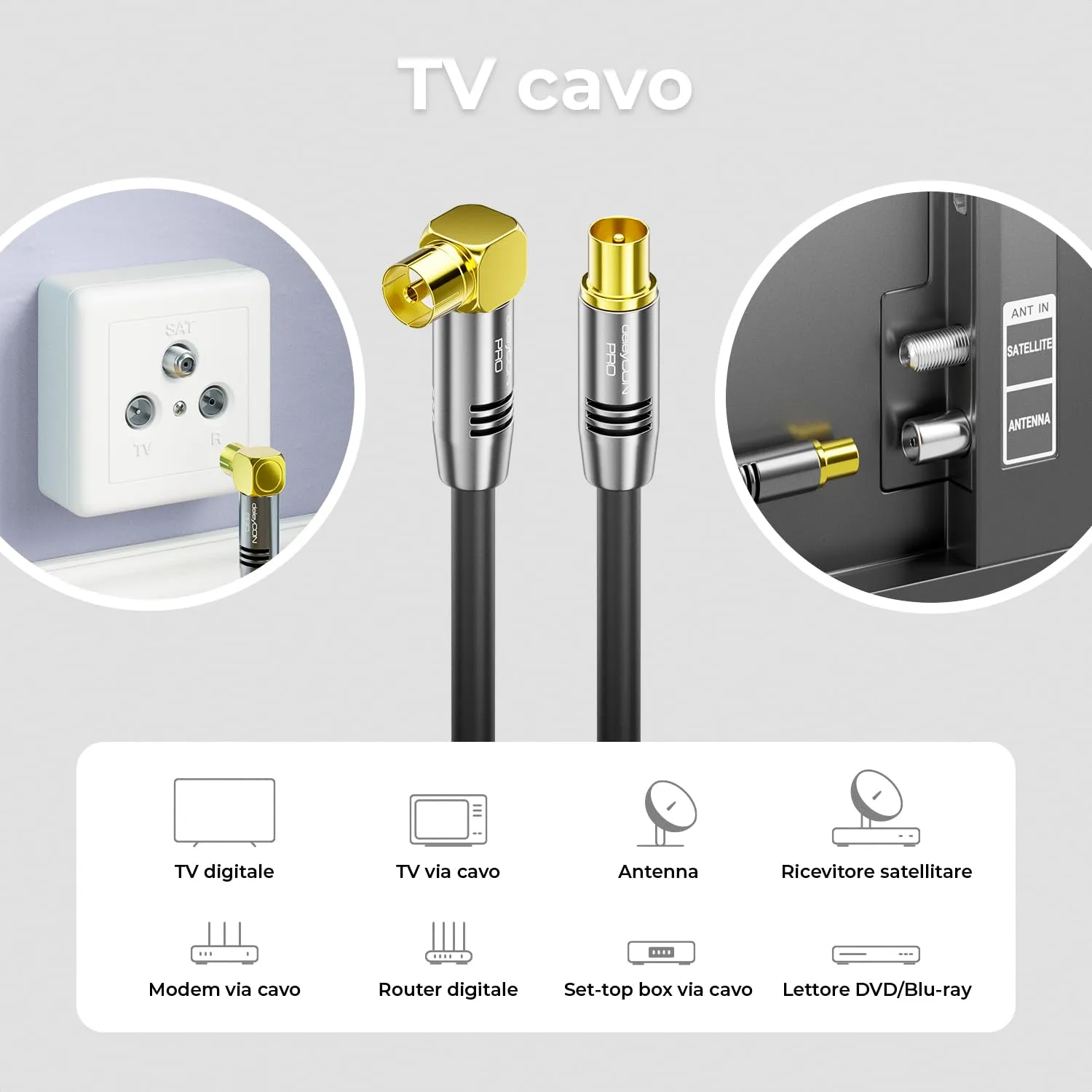 deleyCON 2m Cavo Antenna TV 4K Coassiale, Connettore IEC dritto a Presa IEC 90°, Nero - immagine 6