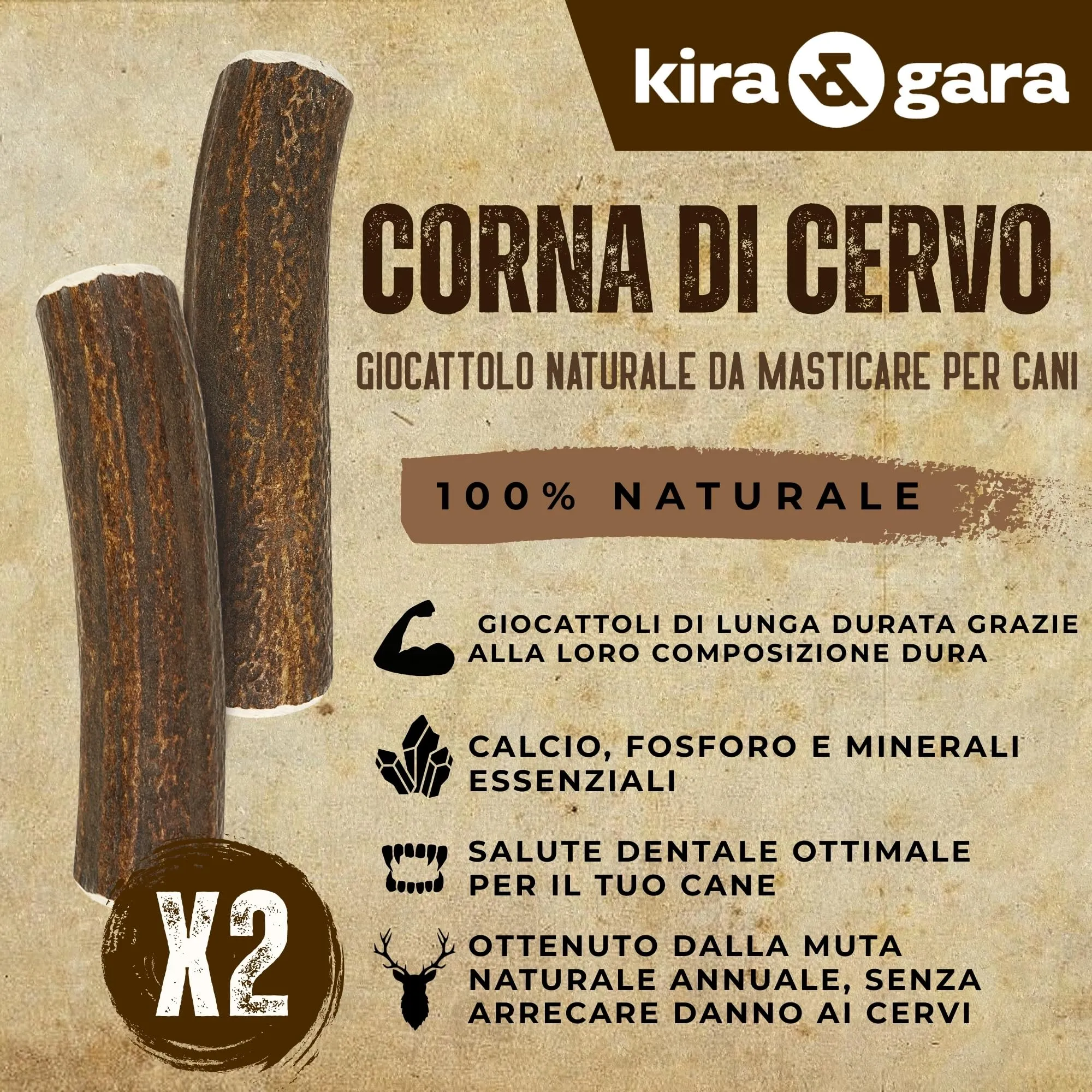 Kira & Gara Corno di Cervo Naturale per Cani (L, 101-150g, 2pz) - immagine 2