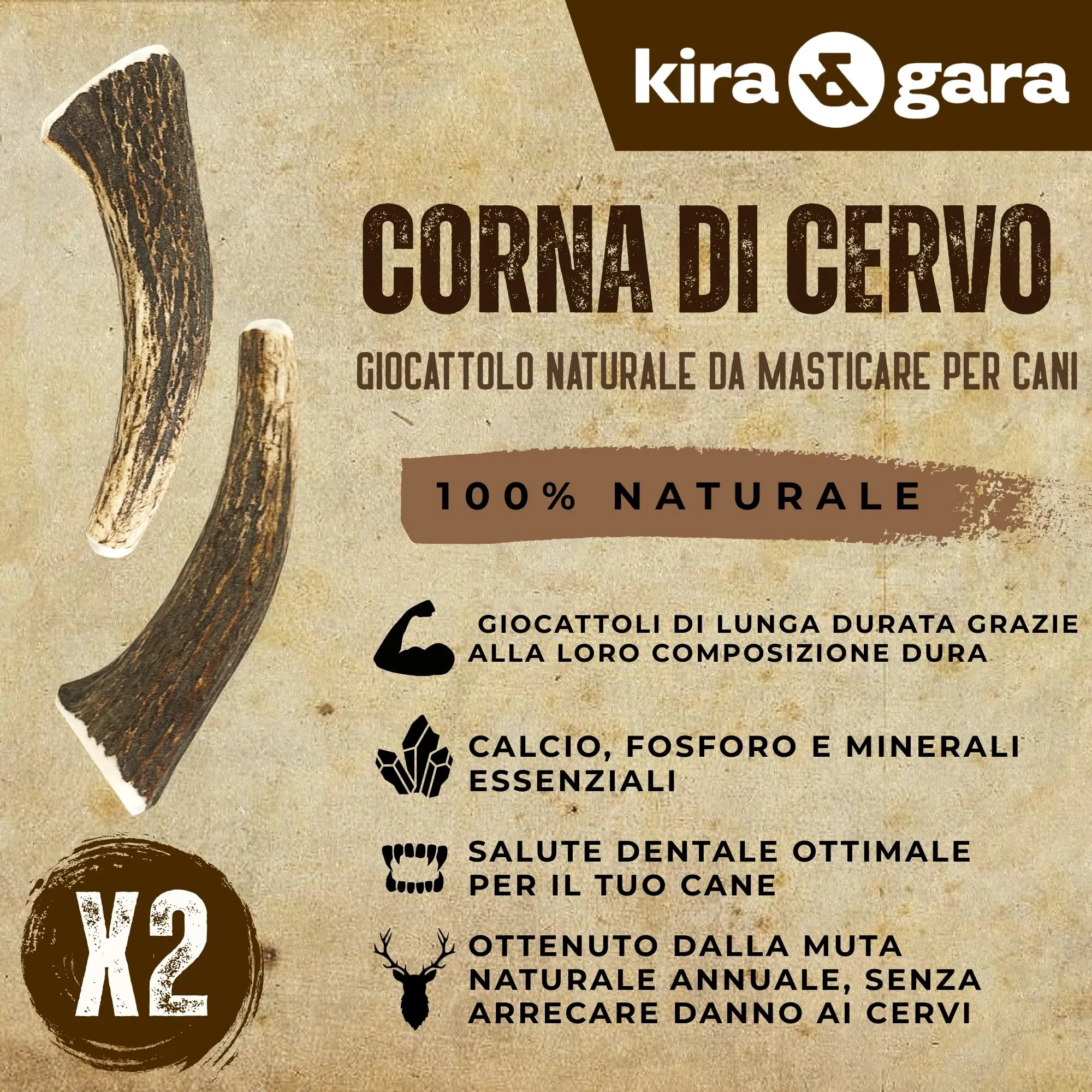 Kira & Gara Corno di Cervo Naturale per Cani (S, 40-70g, 2pz) - immagine 2