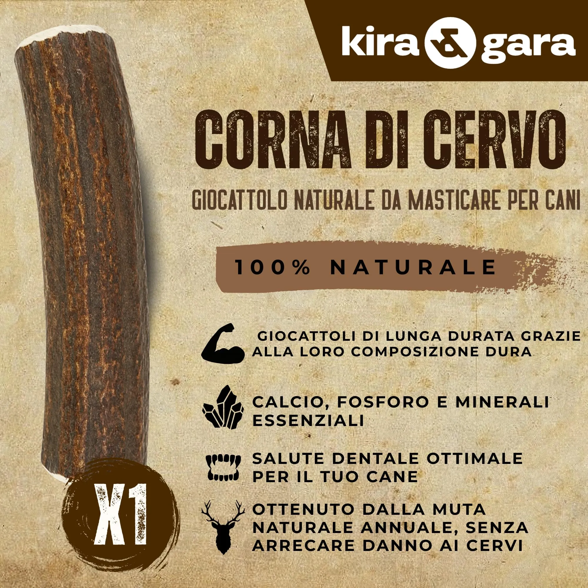 Kira & Gara Corno di Cervo Naturale per Cani (L, 101-150g, 1pz) - immagine 2