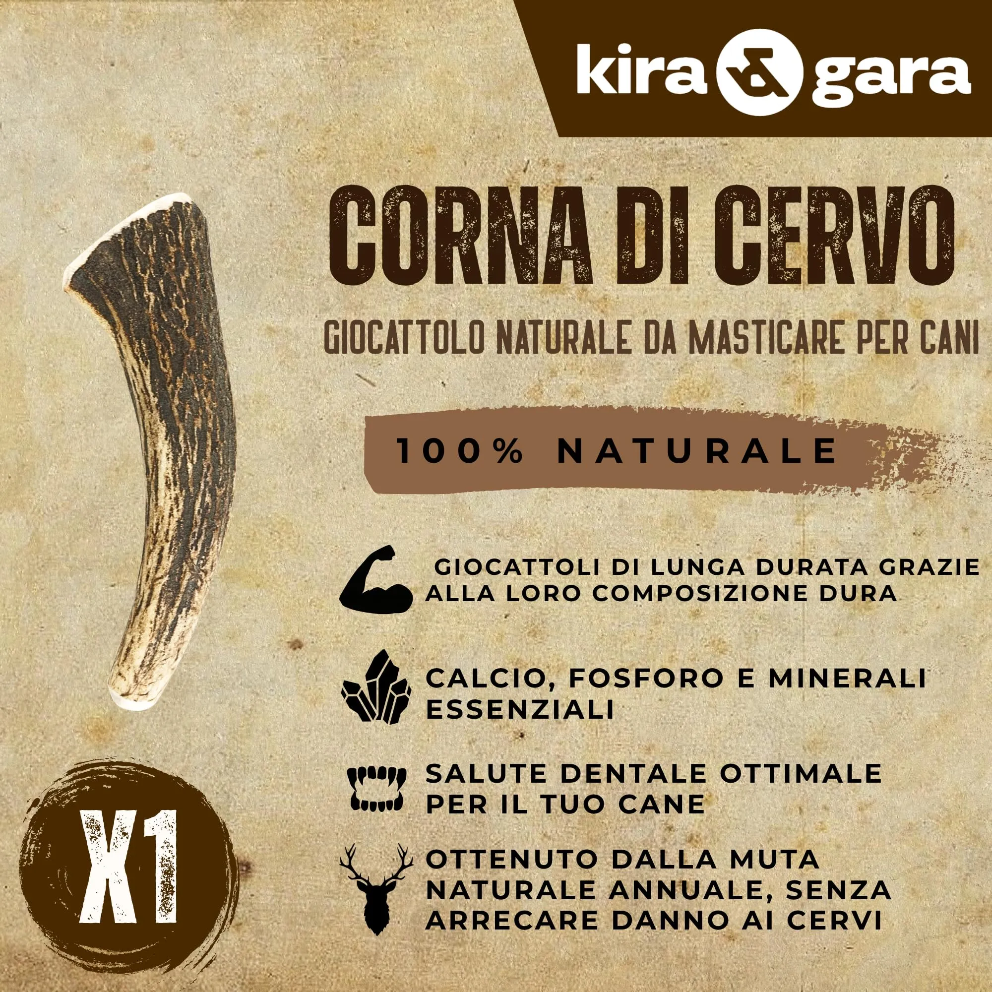 Kira & Gara Corno di Cervo Naturale per Cani (S, 40-70g, 1pz) - immagine 2