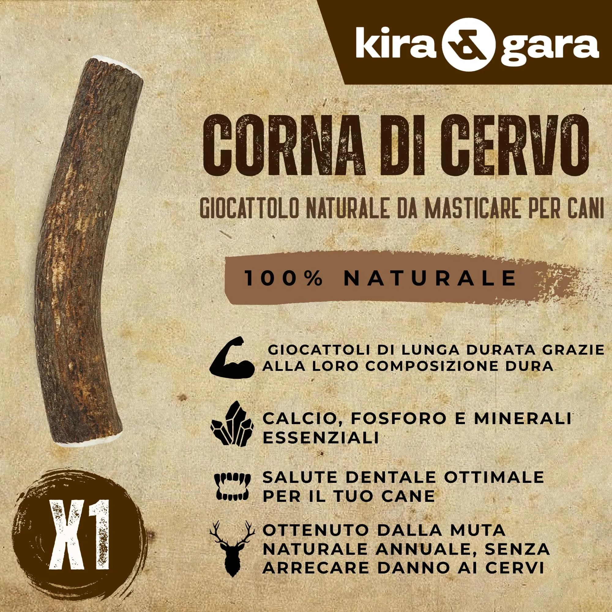 Kira & Gara Corno di Cervo Naturale per Cani (M, 71-100g, 1pz) - immagine 2