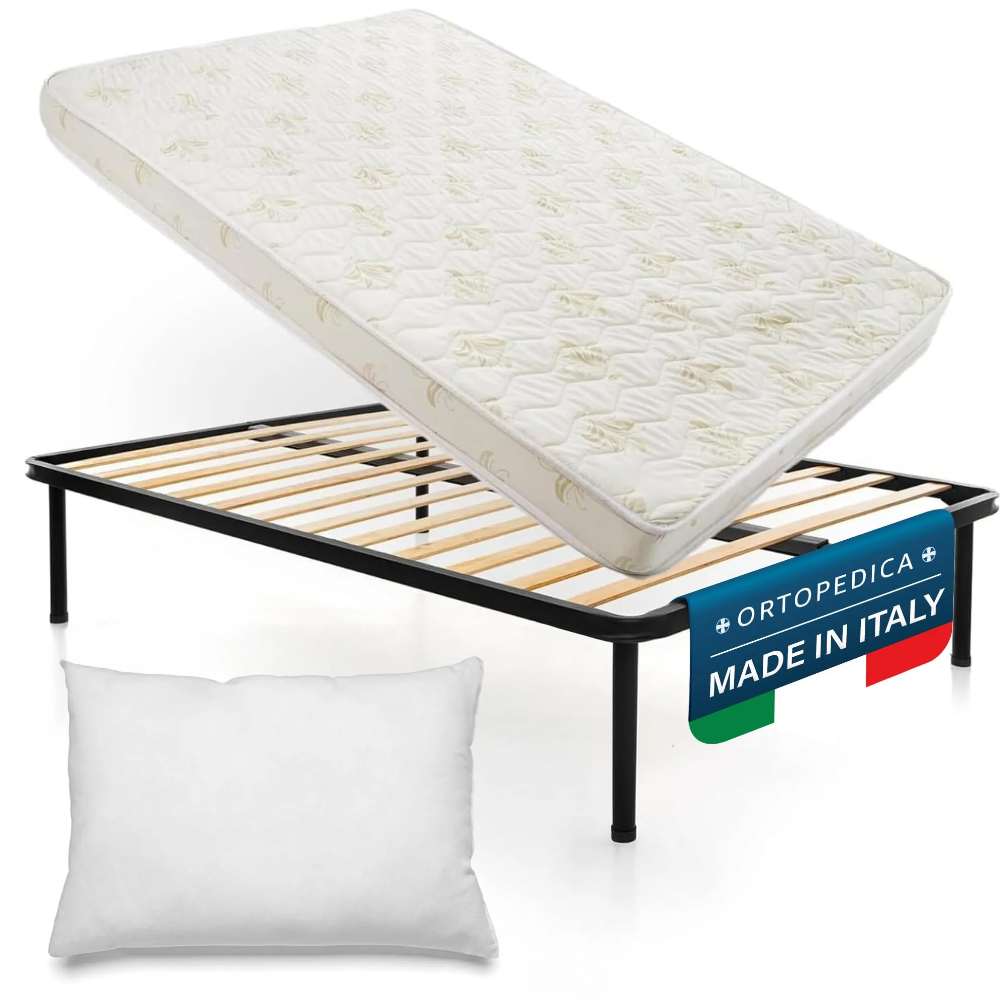 Dolci Sogni Set Letto Piazza e Mezza 120x190 con Rete a Doghe in Legno, Materasso 14 cm e Cuscino, Struttura in Ferro, Made in Italy - immagine 1