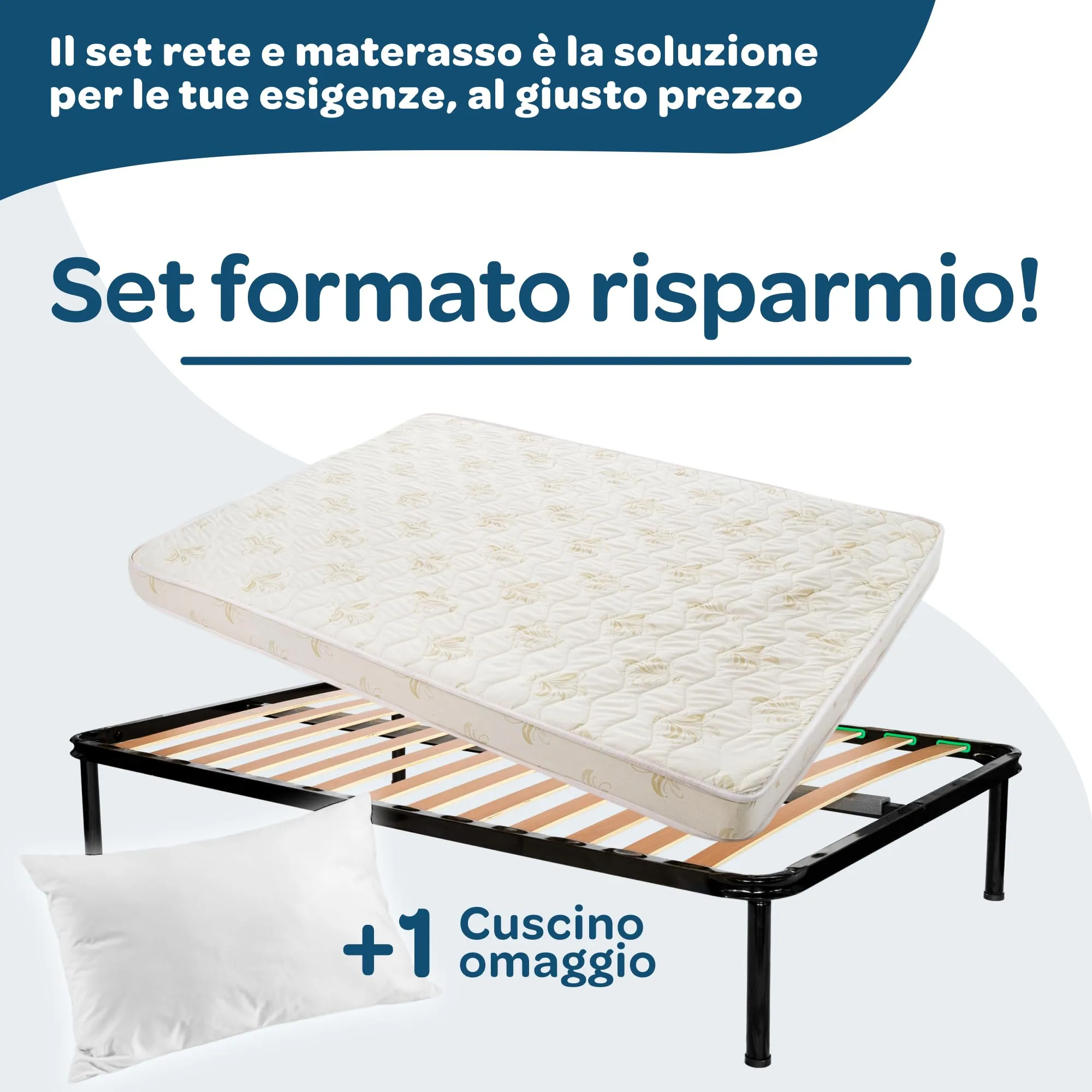 Dolci Sogni Set Letto Piazza e Mezza 120x190 con Rete a Doghe in Legno, Materasso 14 cm e Cuscino, Struttura in Ferro, Made in Italy - immagine 5