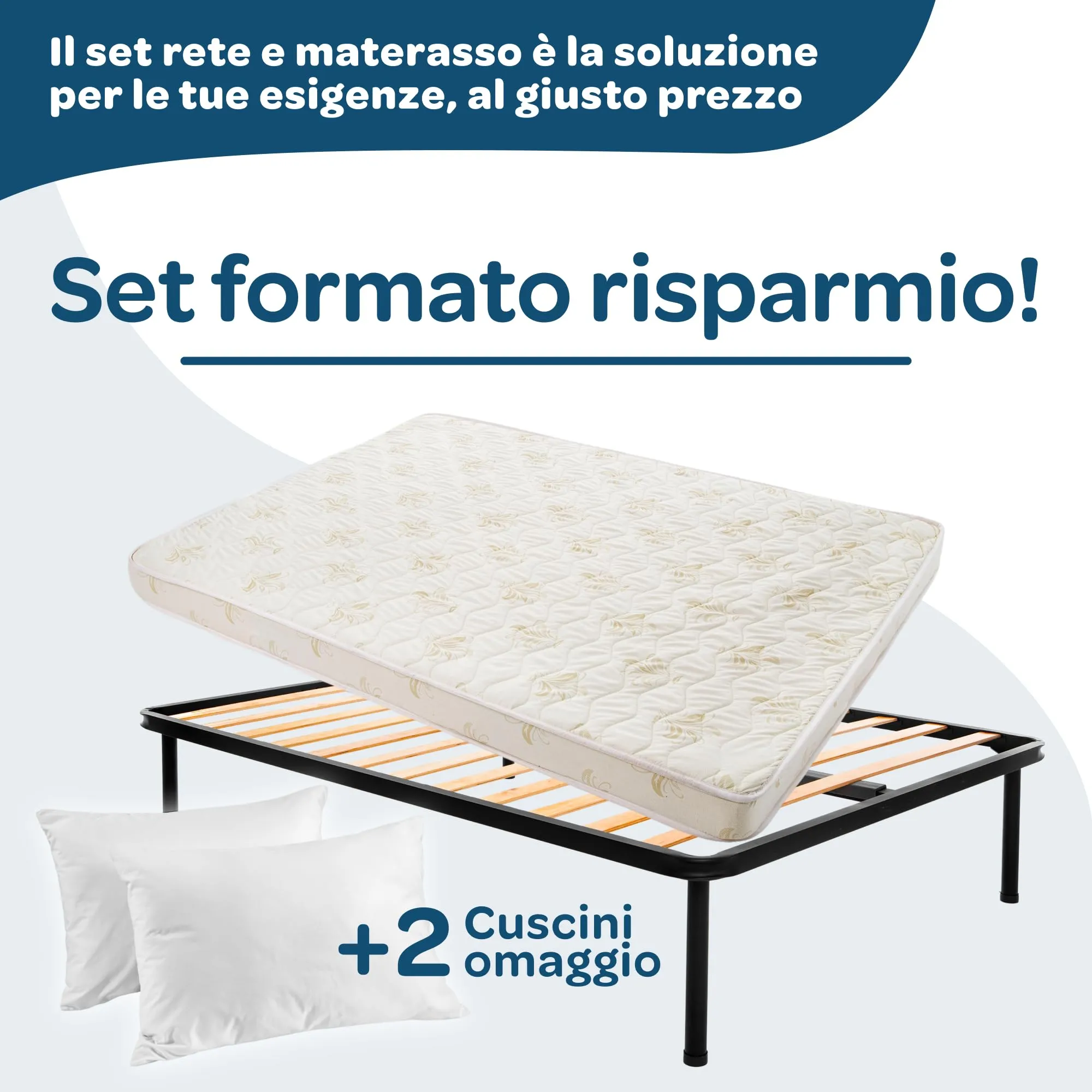 Dolci Sogni Set Letto Piazza e Mezza alla Francese 140x190 con Rete a Doghe in Legno, Materasso 14 cm e Cuscino - immagine 3