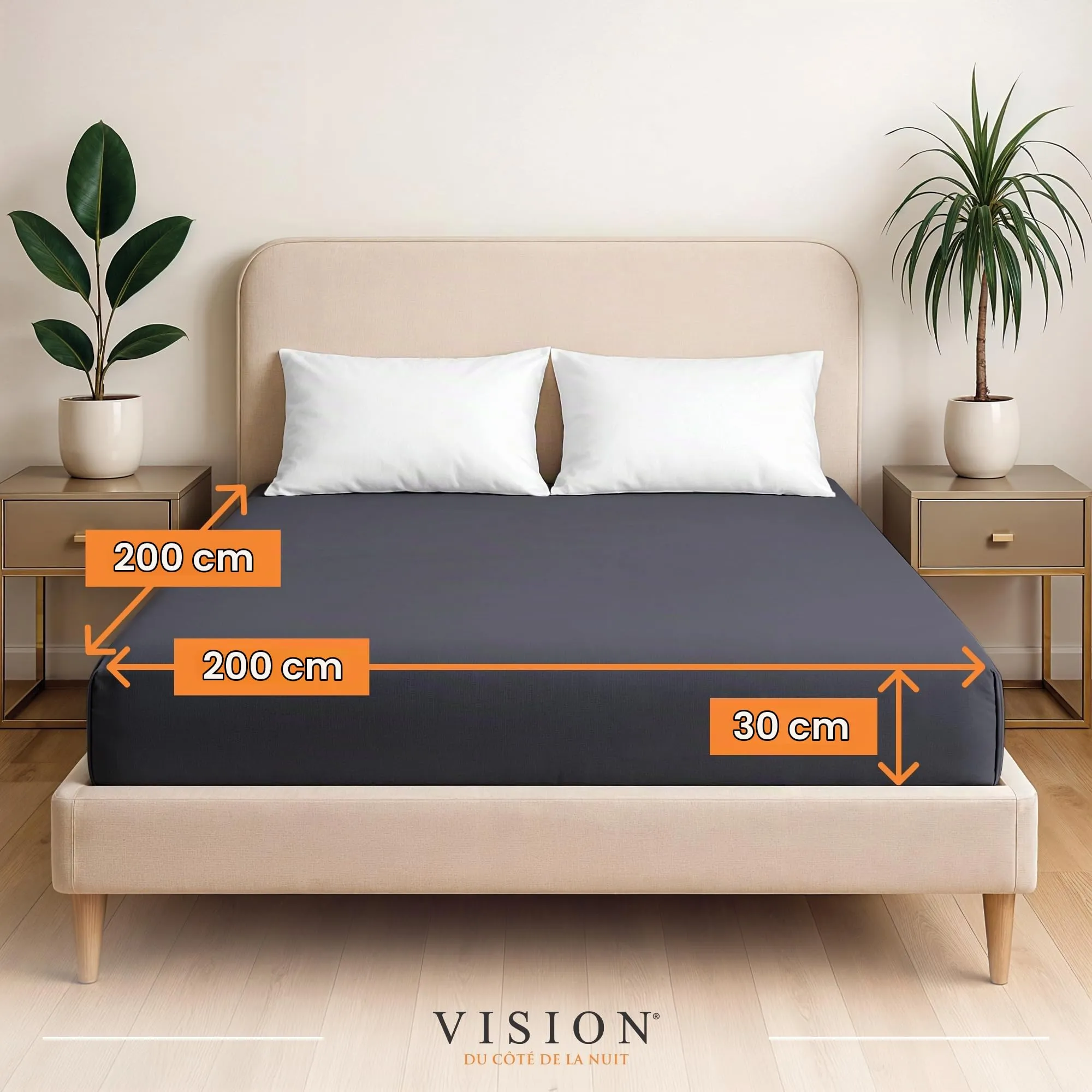 VISION Lenzuolo con Angoli 100% Cotone, 200 x 200 cm, Grigio Scuro - immagine 2