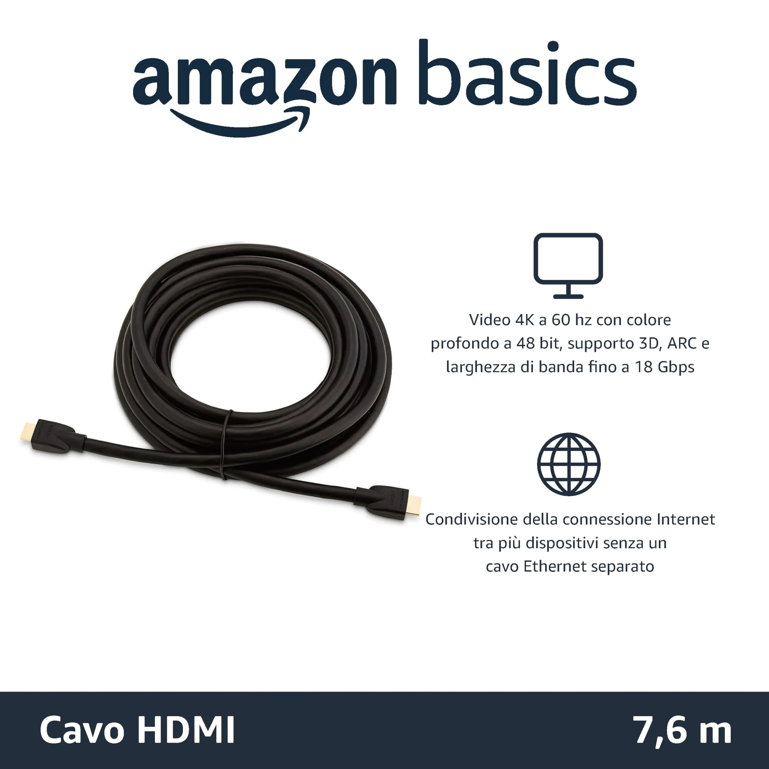 Amazon Basics Cavo HDMI 4K 7.6 m, Alta velocità con Ethernet 18 Gbps, 4K@60 Hz, 2160p, Nero - immagine 2