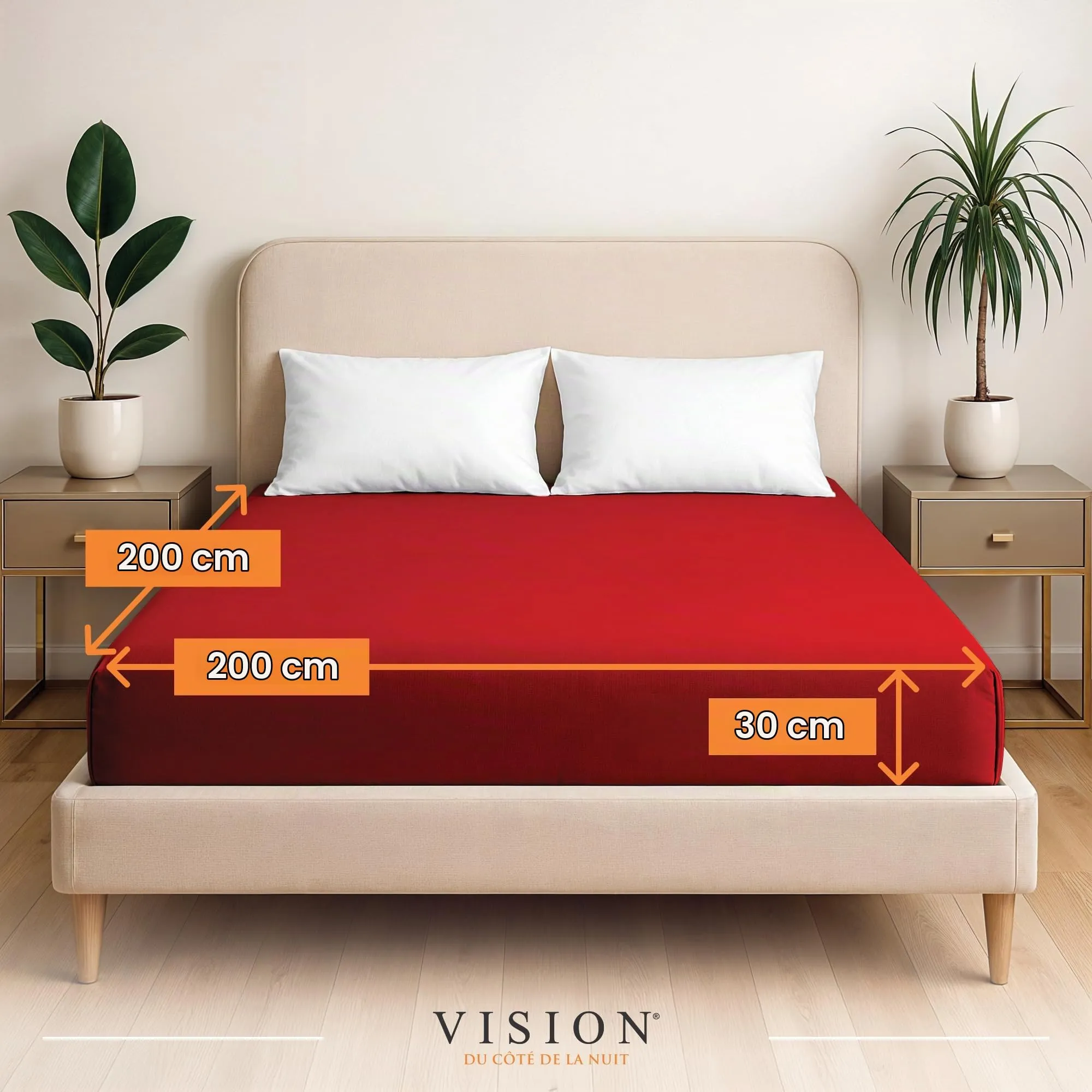 VISION Lenzuolo con angoli 100% cotone, letto matrimoniale 200 x 200 cm, rosso - immagine 2