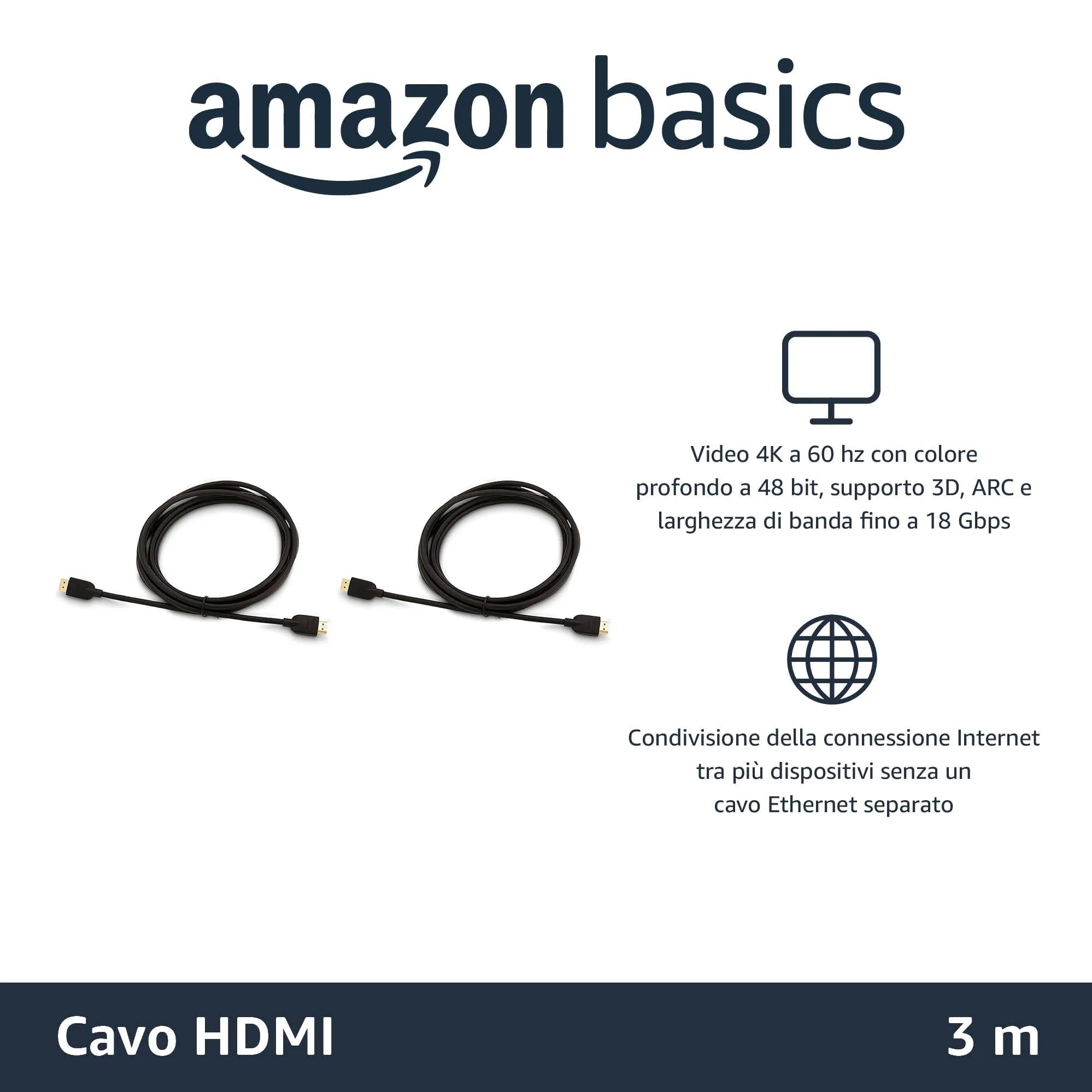 Amazon Basics Cavi HDMI 4K Alta Velocità con Ethernet, 3 m, Nero (Confezione da 2) - immagine 2