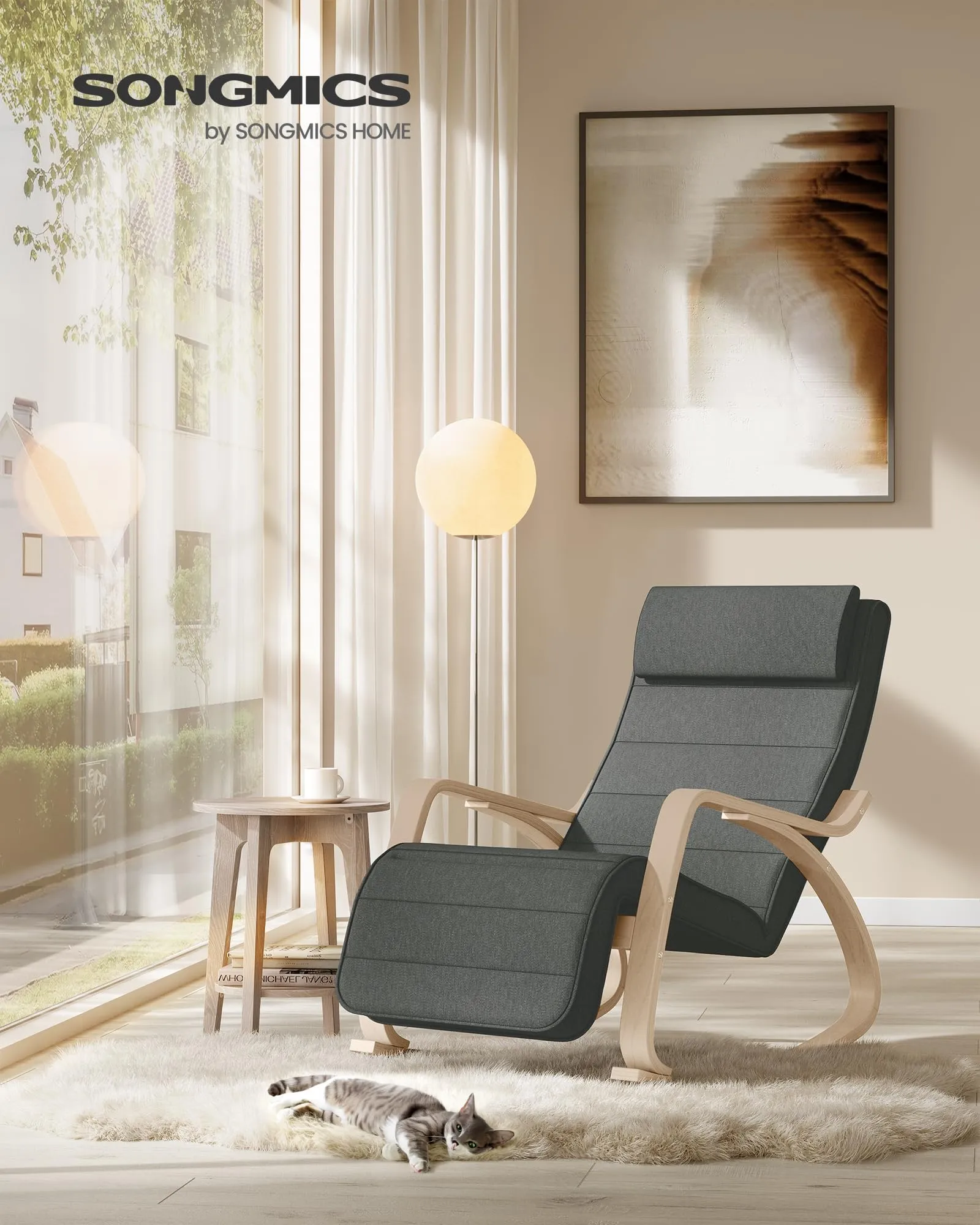SONGMICS Sedia a Dondolo in Legno di Betulla con Poggiapiedi Regolabile, Grigio Scuro LYY10G - immagine 2