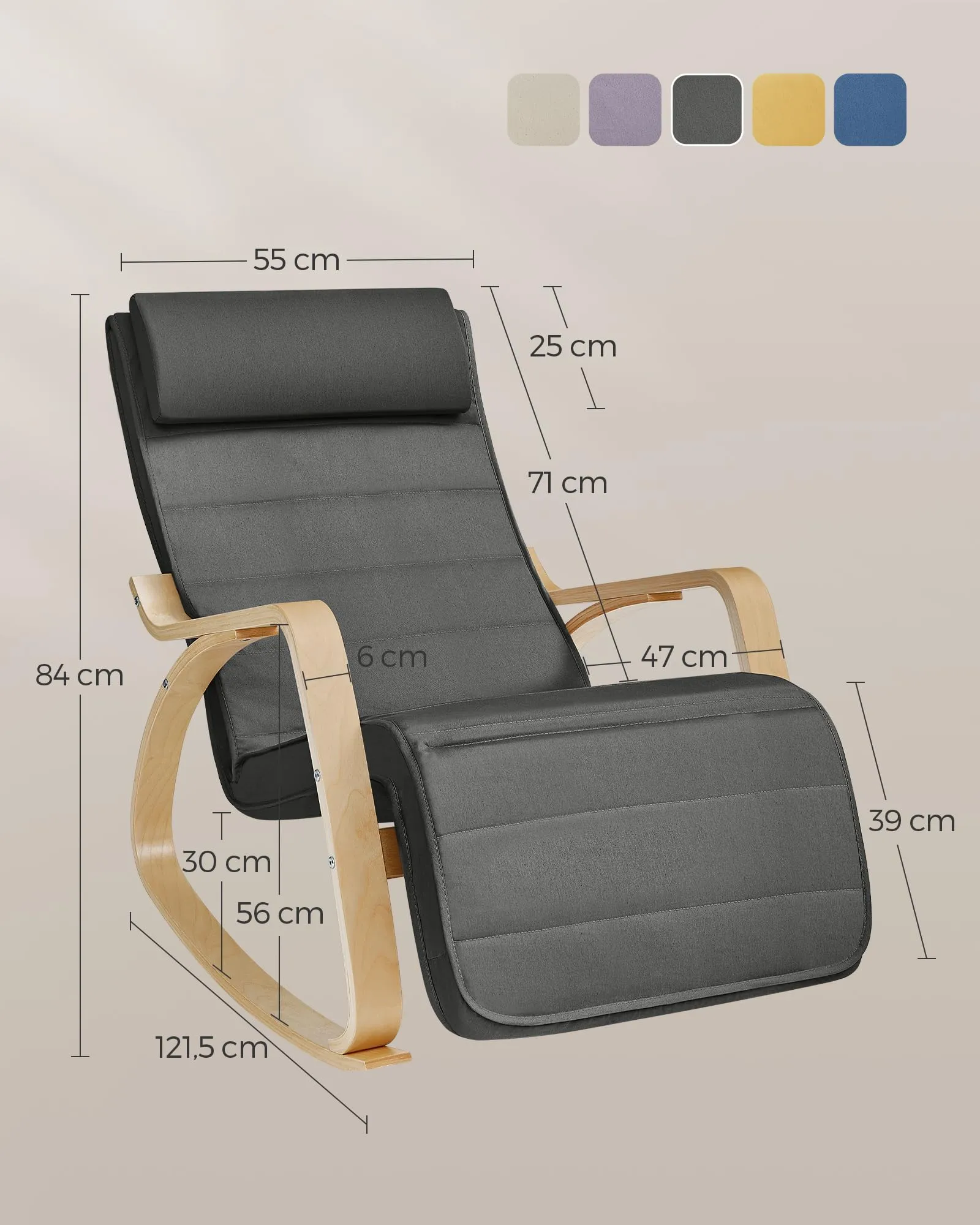 SONGMICS Sedia a Dondolo in Legno di Betulla con Poggiapiedi Regolabile, Grigio Scuro LYY10G - immagine 3