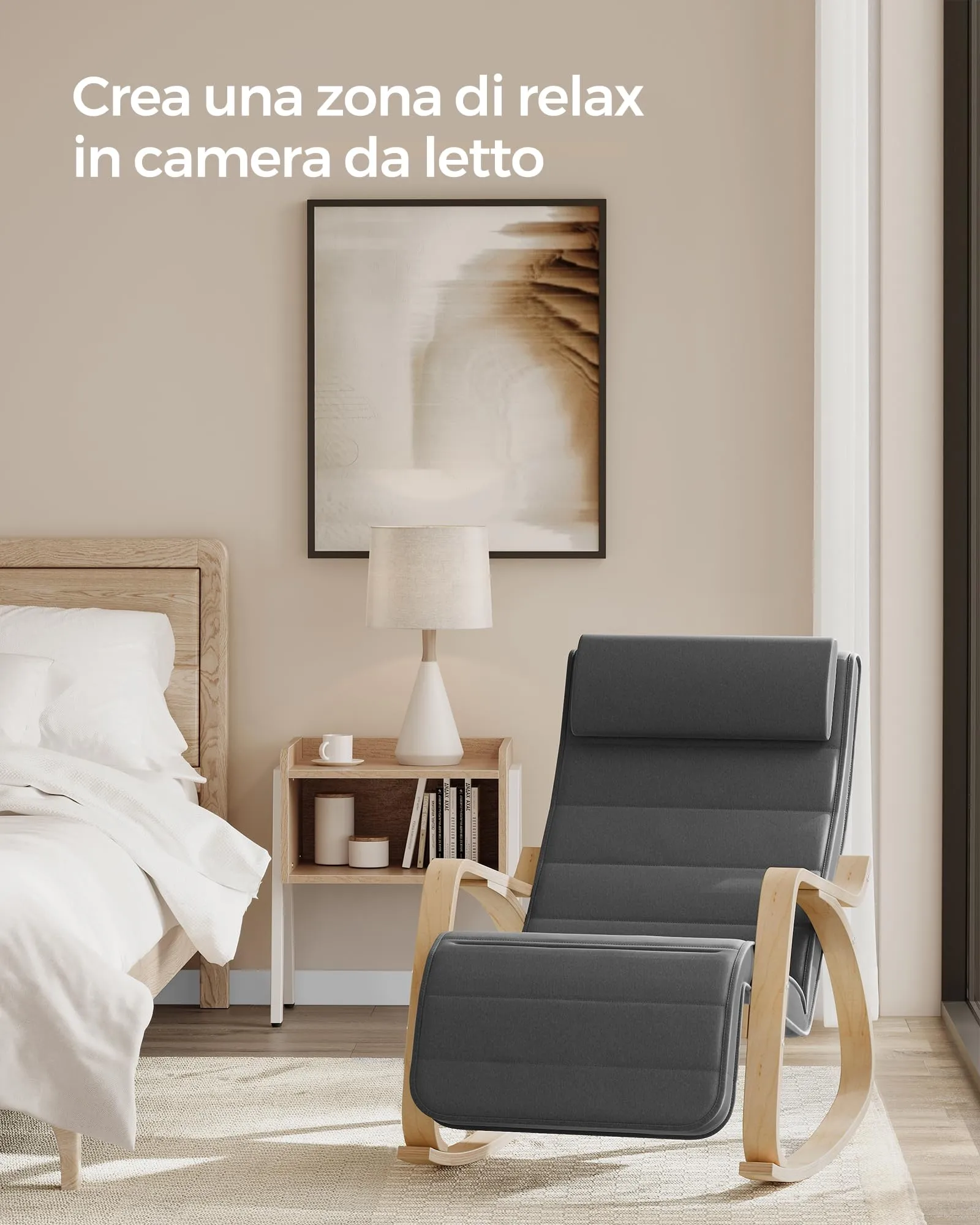 SONGMICS Sedia a Dondolo in Legno di Betulla con Poggiapiedi Regolabile, Grigio Scuro LYY10G - immagine 4