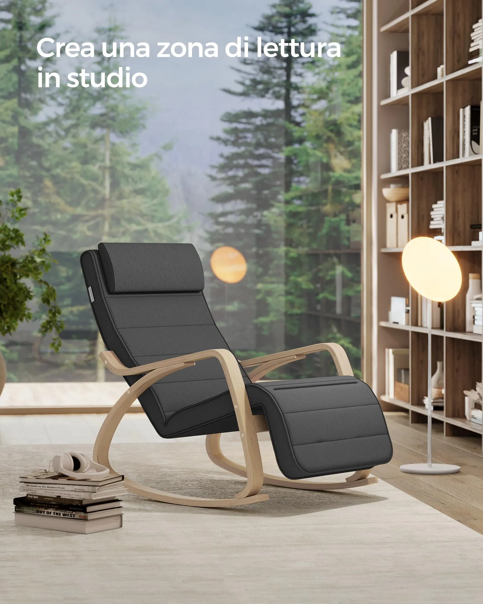 SONGMICS Sedia a Dondolo in Legno di Betulla con Poggiapiedi Regolabile, Grigio Scuro LYY10G - immagine 5