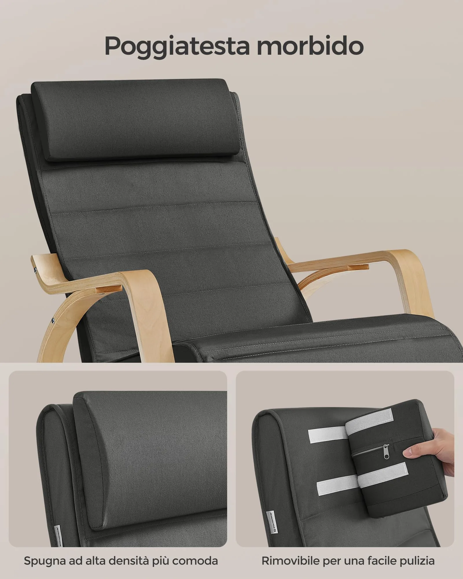 SONGMICS Sedia a Dondolo in Legno di Betulla con Poggiapiedi Regolabile, Grigio Scuro LYY10G - immagine 7