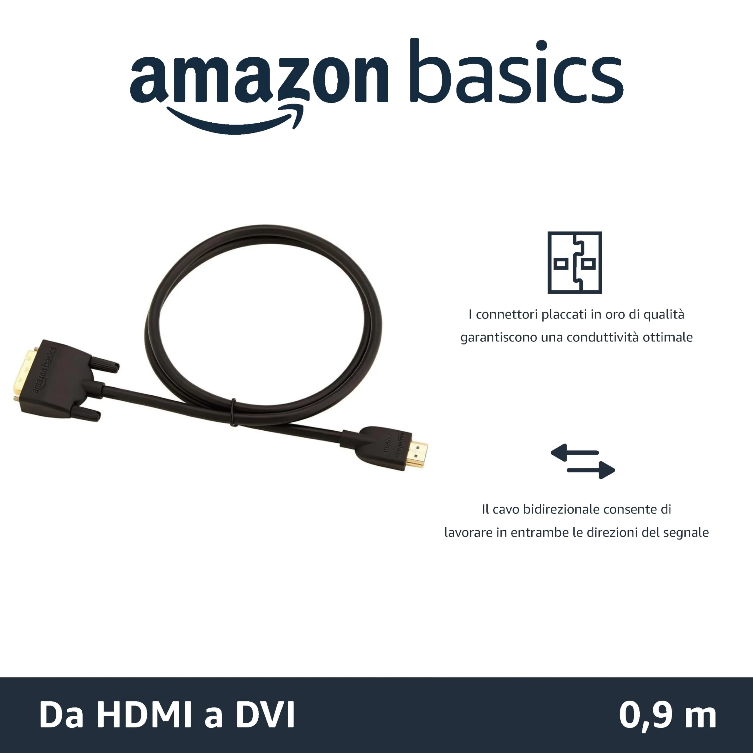 Amazon Basics Cavo Adattatore HDMI-A a DVI Maschio Bidirezionale 1080P Placcato Oro 0.9 m, Nero - immagine 2