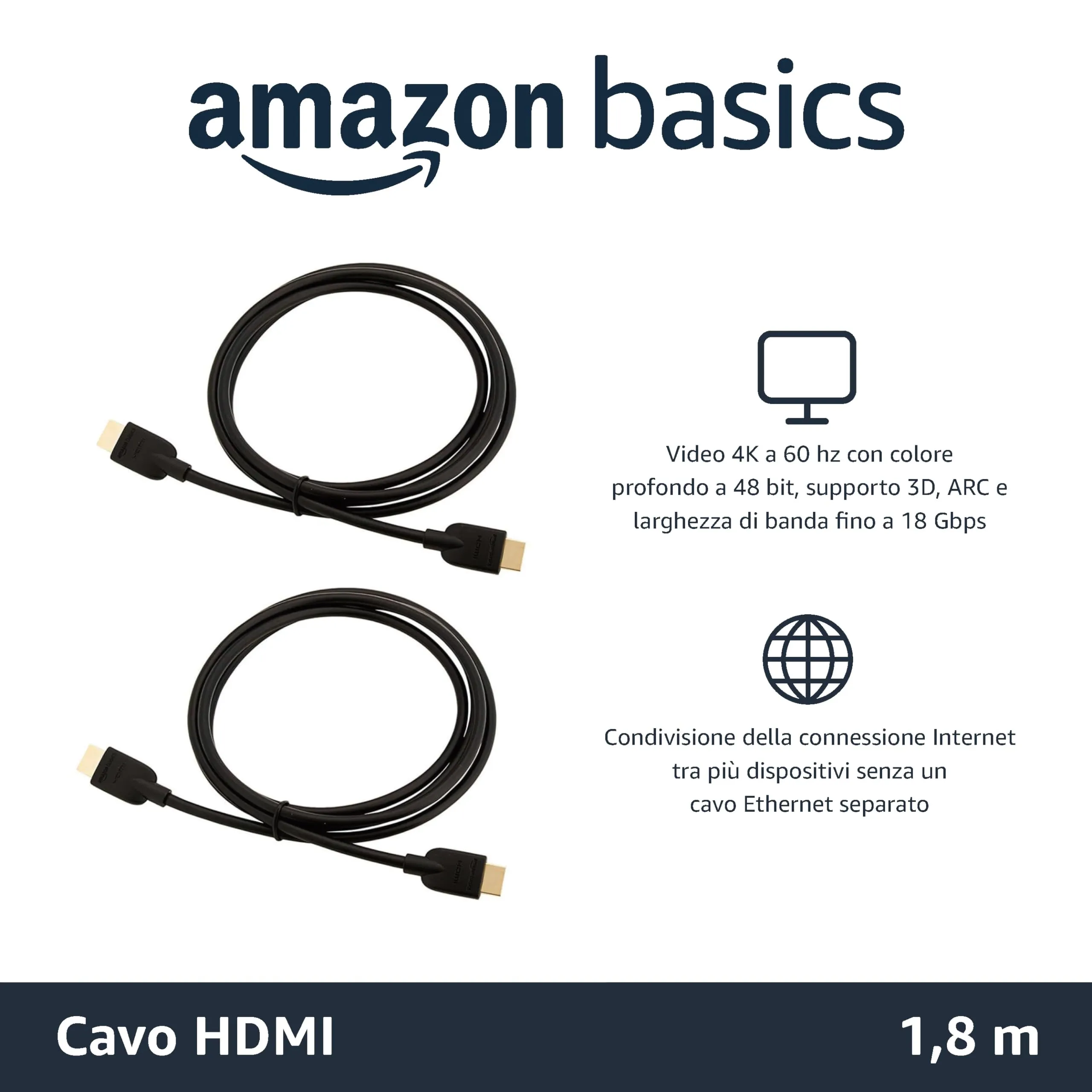Amazon Basics Cavi HDMI 4K Alta Velocità con Ethernet, 1.8 m, 2 Pezzi, Nero - immagine 2