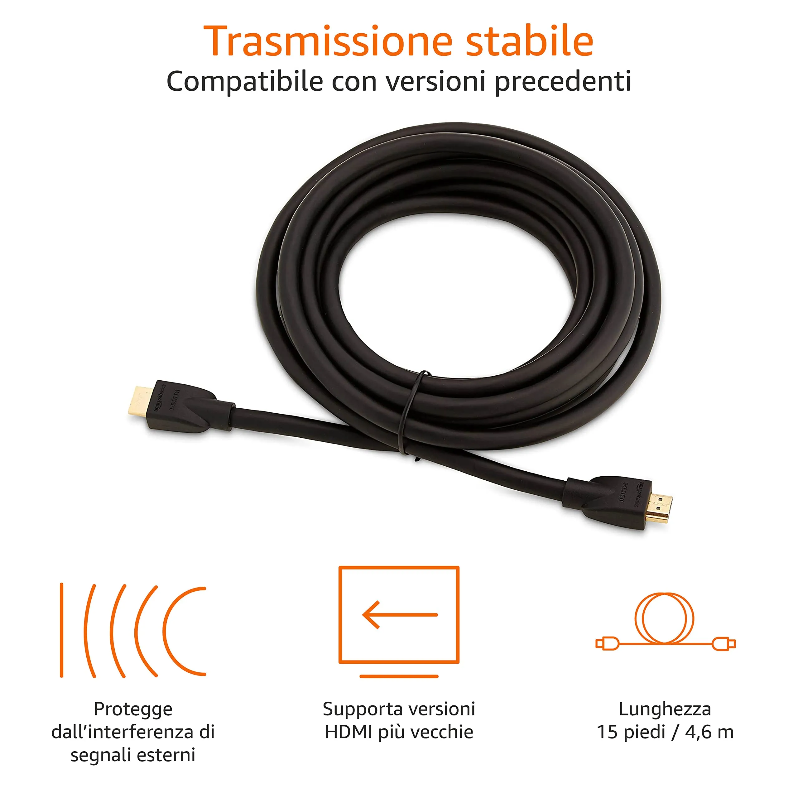 Amazon Basics Cavo HDMI 4K Alta Velocità con Ethernet, 4,6 m, Nero - immagine 3