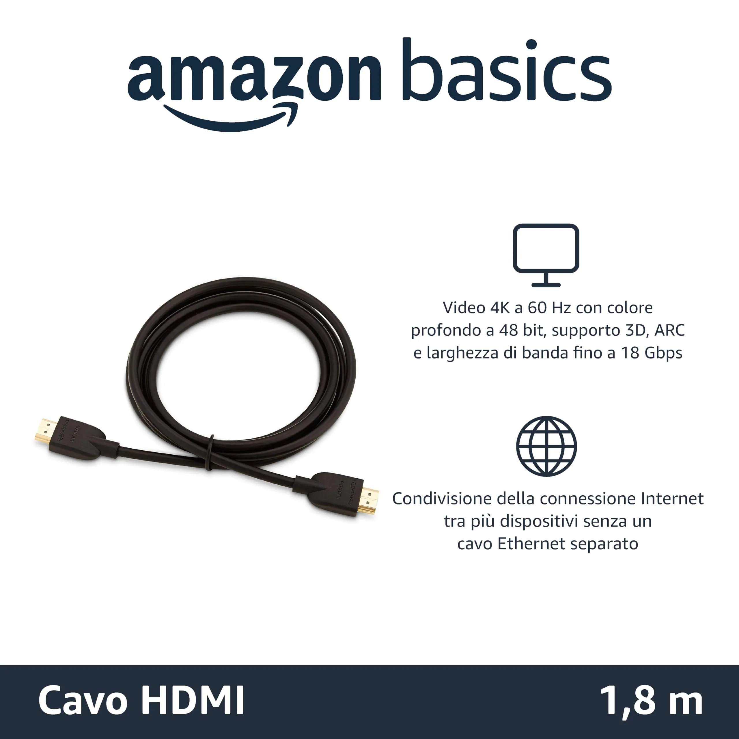 Amazon Basics Cavo HDMI 4K 1.8 m, Ethernet 18 Gbps, 4K@60 Hz, 2160p, Nero - immagine 2