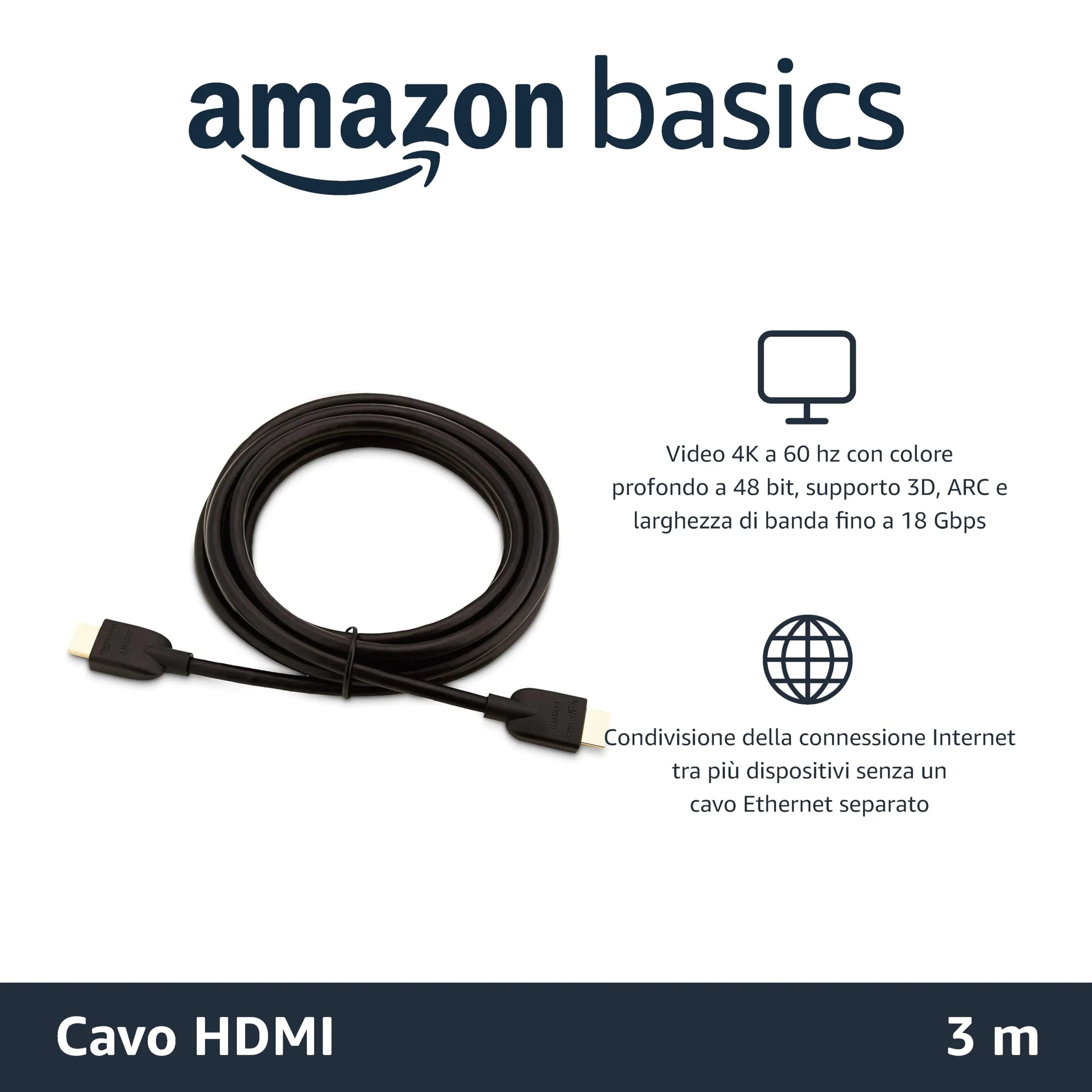 Amazon Basics HDMI Cable, 10ft, 4K@60Hz, High-Speed HDMI 2.0, Black - immagine 2