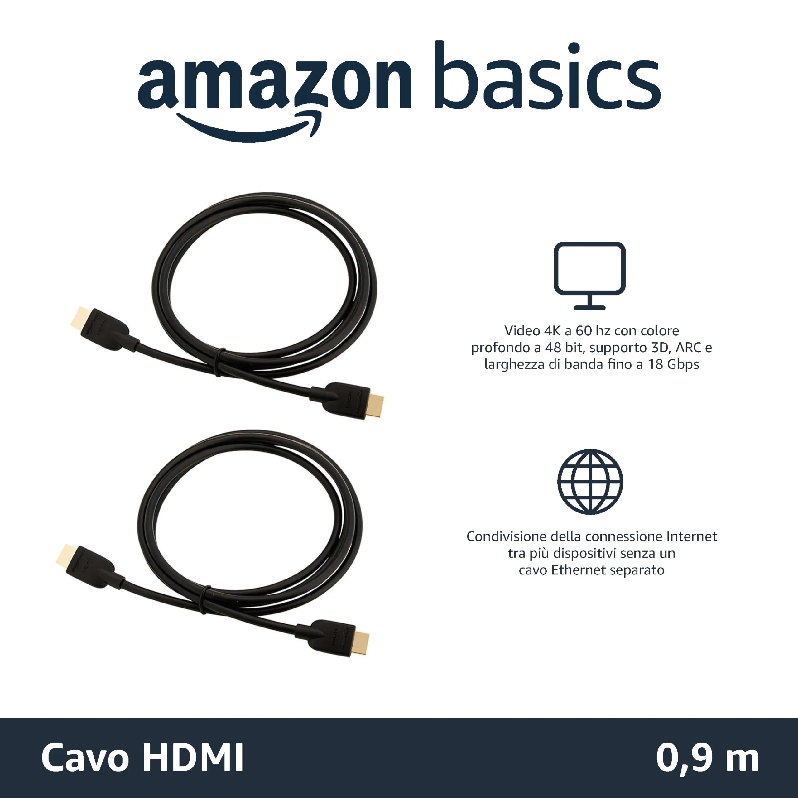 Amazon Basics Cavo HDMI 4K 0.9 m, Alta velocità con Ethernet 18 Gbps, 4K@60 Hz, 2160p, Confezione da 2, Nero - immagine 2