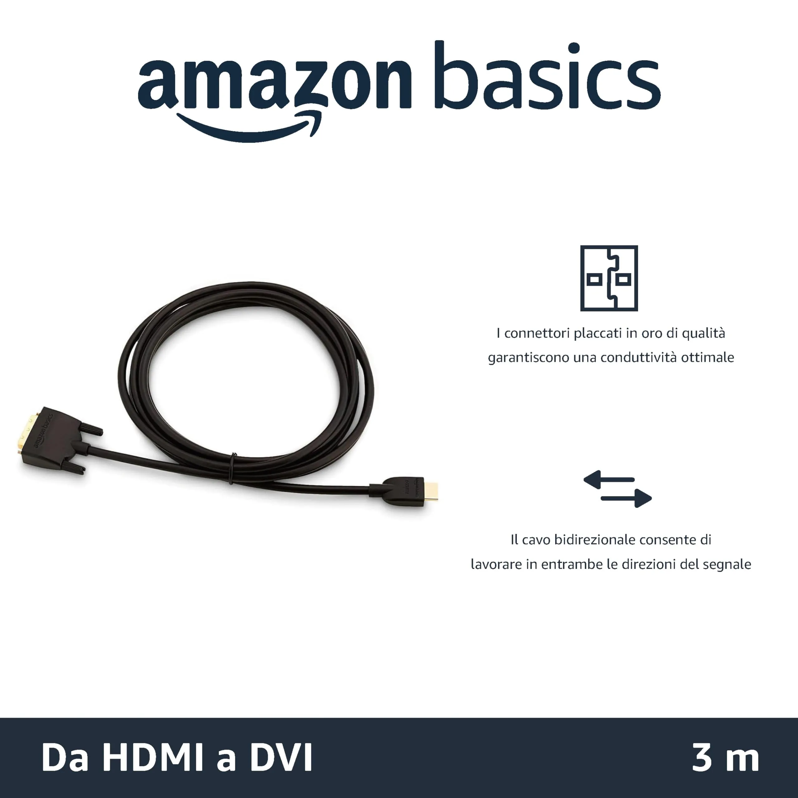 Amazon Basics Cavo Adattatore HDMI-A a DVI Maschio, Bidirezionale, 1080P, Placcato Oro, 3 m, Nero - immagine 2