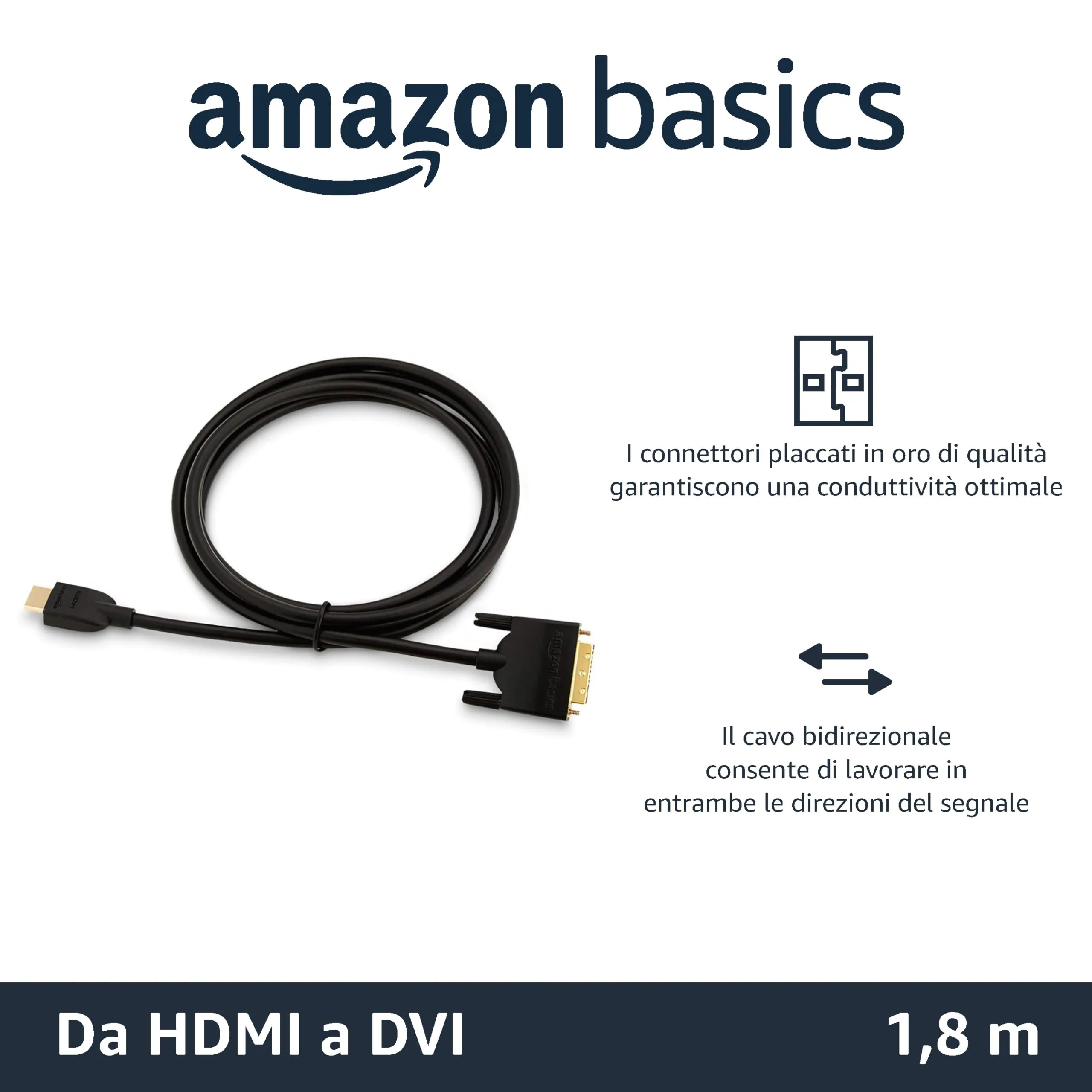 Amazon Basics Cavo Adattatore HDMI-A a DVI Maschio Bidirezionale 1080P Placcato Oro, 1.8 m, Nero - immagine 2