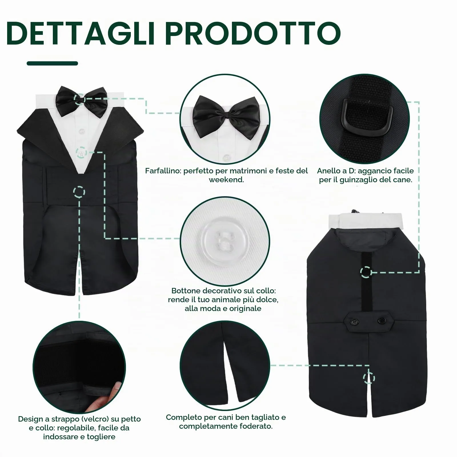 Kuoser Abito Smoking per Cani con Bandana e Papillon, Vestito Formale per Matrimoni e Feste, Nero - immagine 4