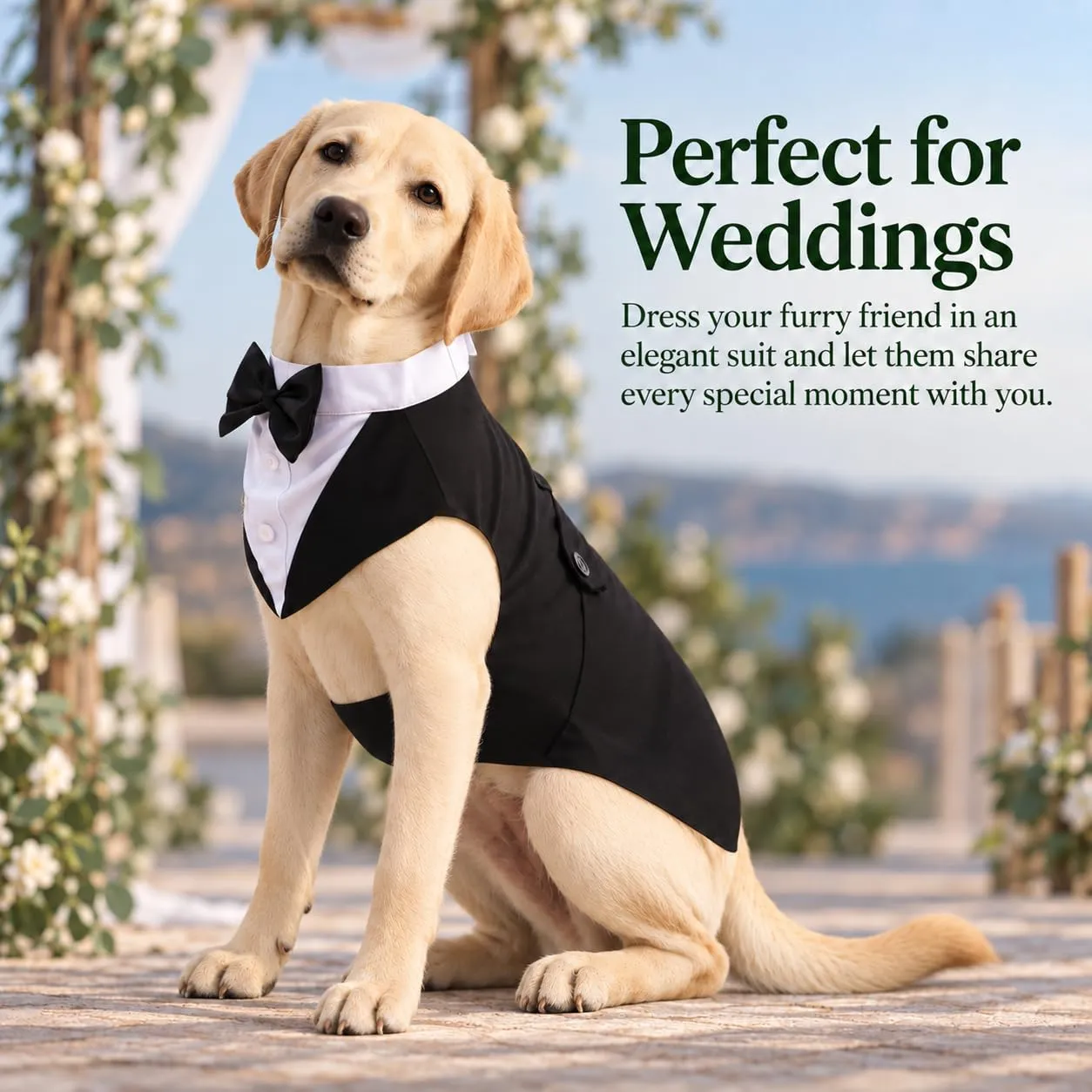 Kuoser Abito Smoking per Cani con Papillon e Bandana, Vestito Formale per Matrimoni e Feste, XL, Nero - immagine 5