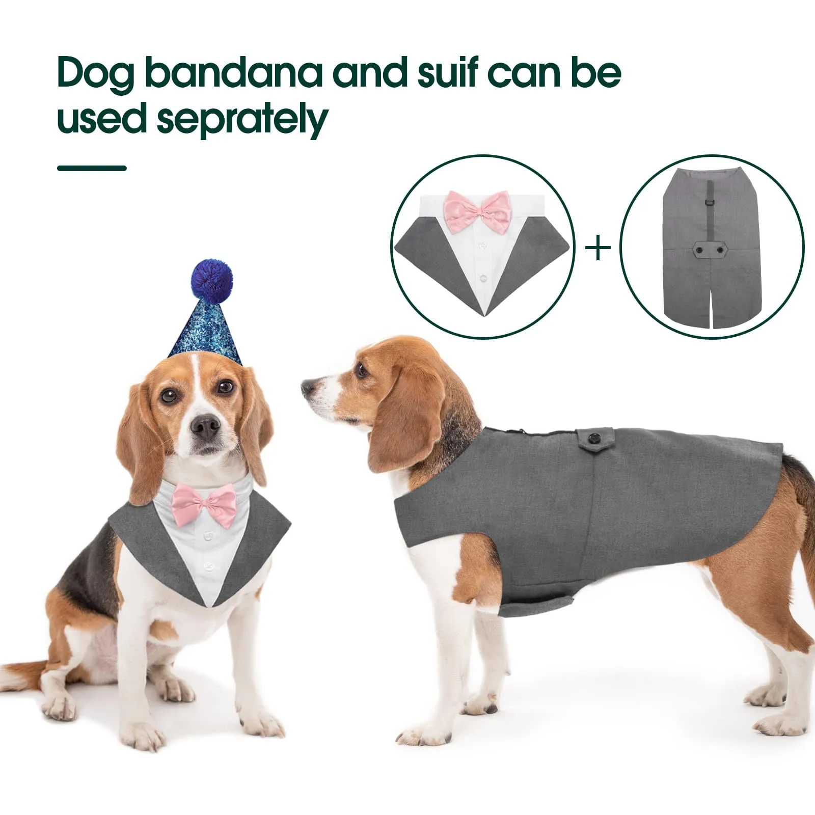 Kuoser Abito Smoking per Cani con Papillon e Bandana, Grigio, Taglia L - immagine 3