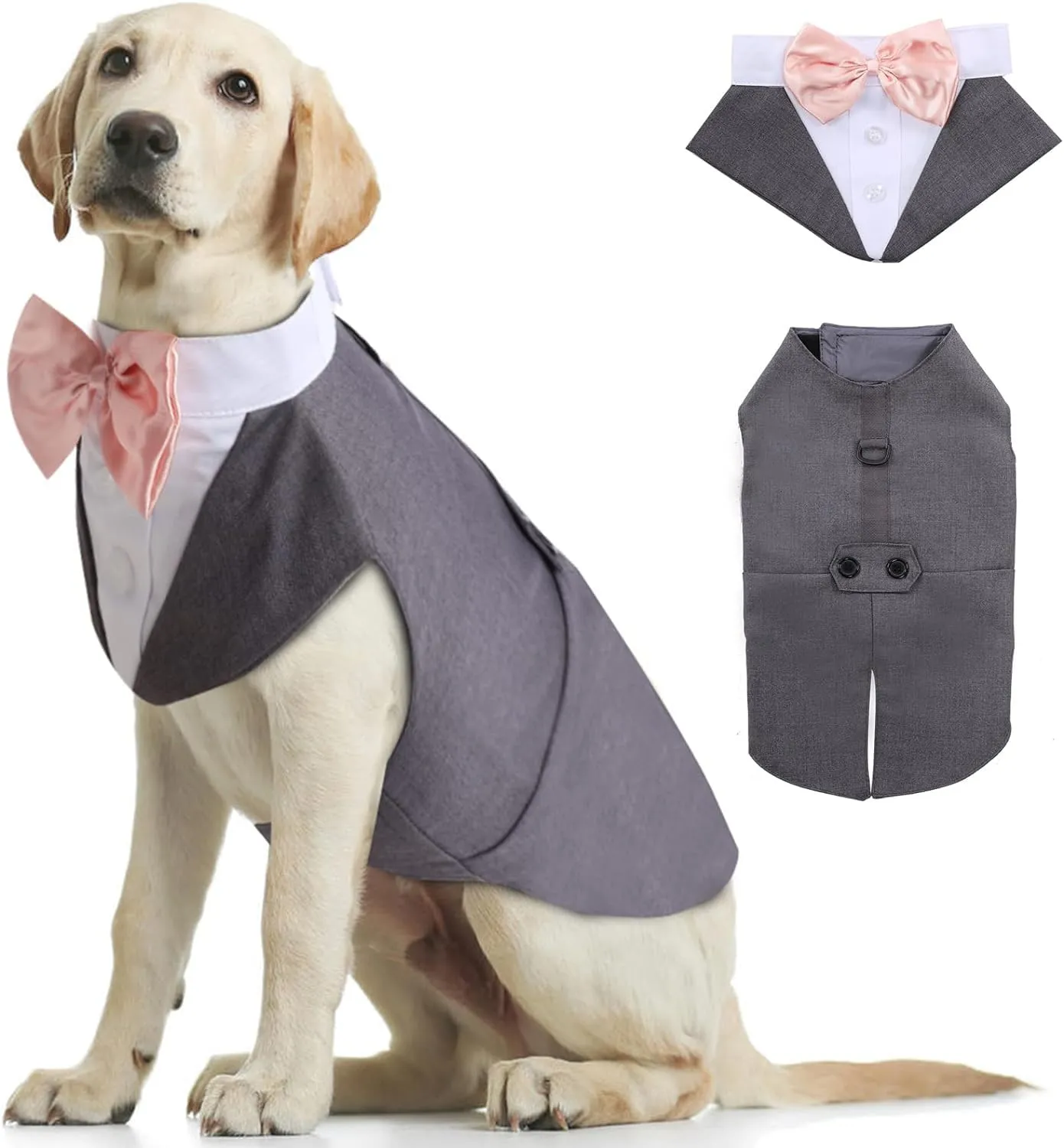 Kuoser Abito Smoking per Cani con Papillon e Bandana, Vestito Formale per Matrimoni e Feste, Grigio, 2XL - immagine 1