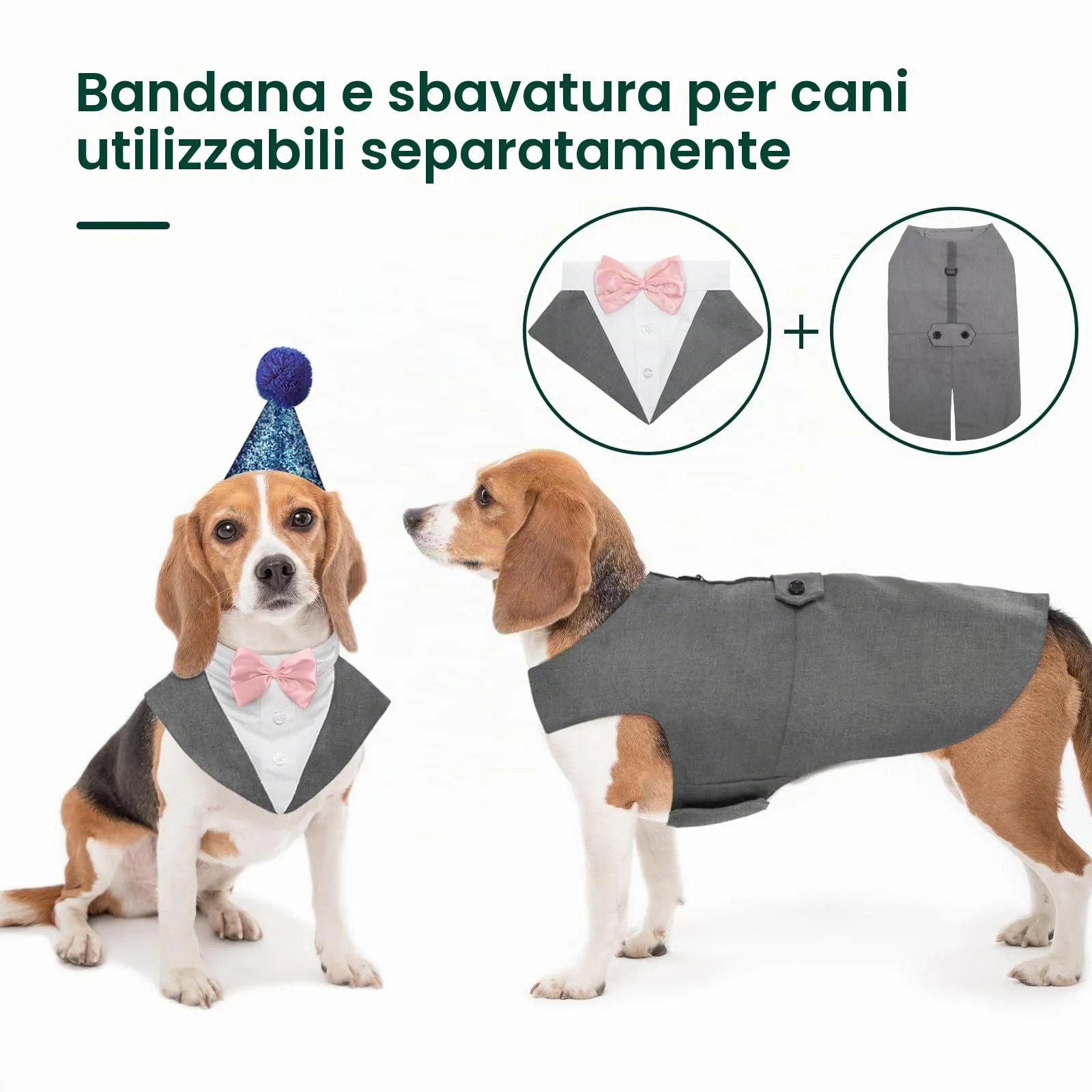 Kuoser Abito Smoking per Cani con Papillon e Bandana, Vestito Formale per Matrimoni e Feste, Grigio, XL - immagine 3