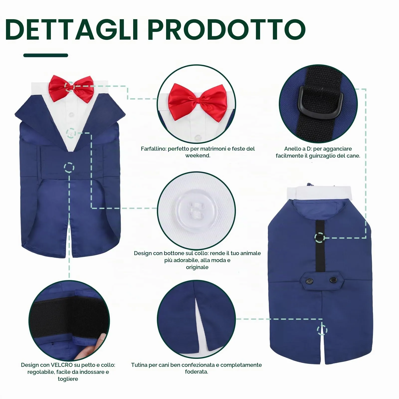 Kuoser Abito Smoking per Cani con Papillon e Bandana, Set Formale per Matrimoni e Feste, Blu, XXL - immagine 4
