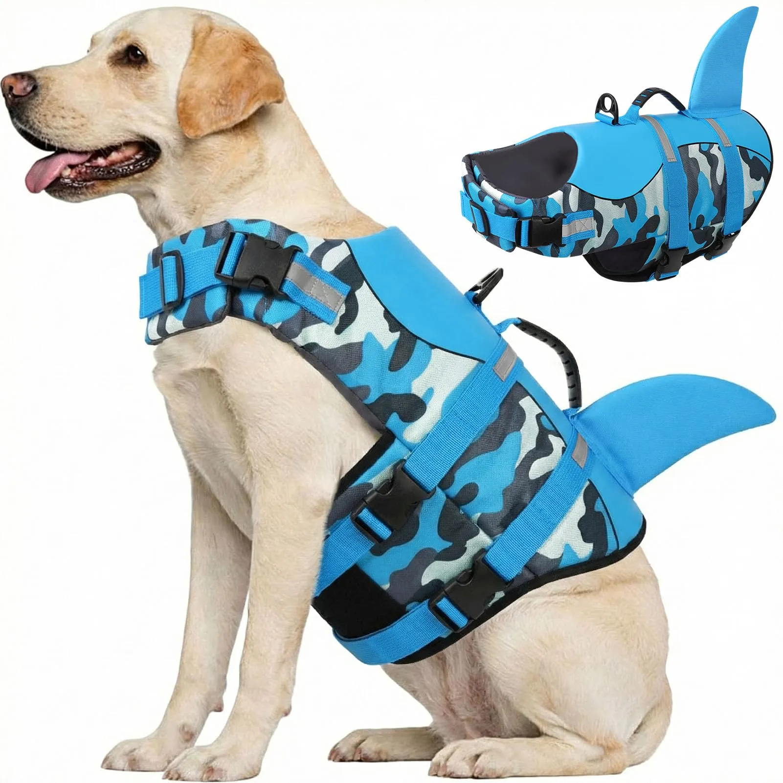 CITÉTOILE Giubbotto Salvagente per Cani Ripstop Squalo, Blu Mimetico, XL - immagine 1