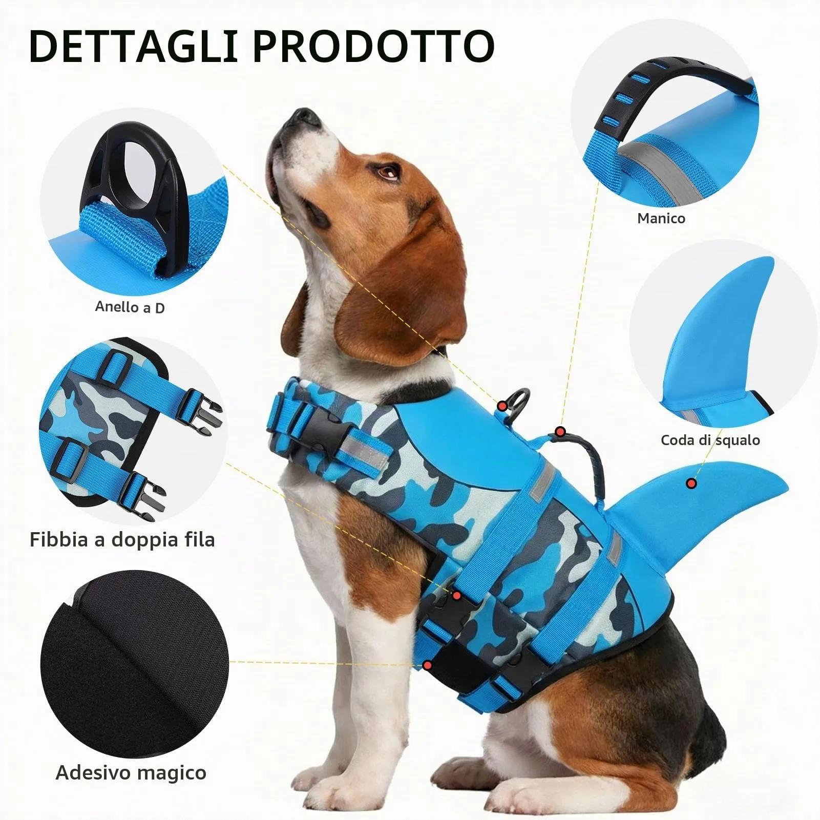 CITÉTOILE Giubbotto Salvagente per Cani Ripstop Squalo, Blu Mimetico, XL - immagine 2