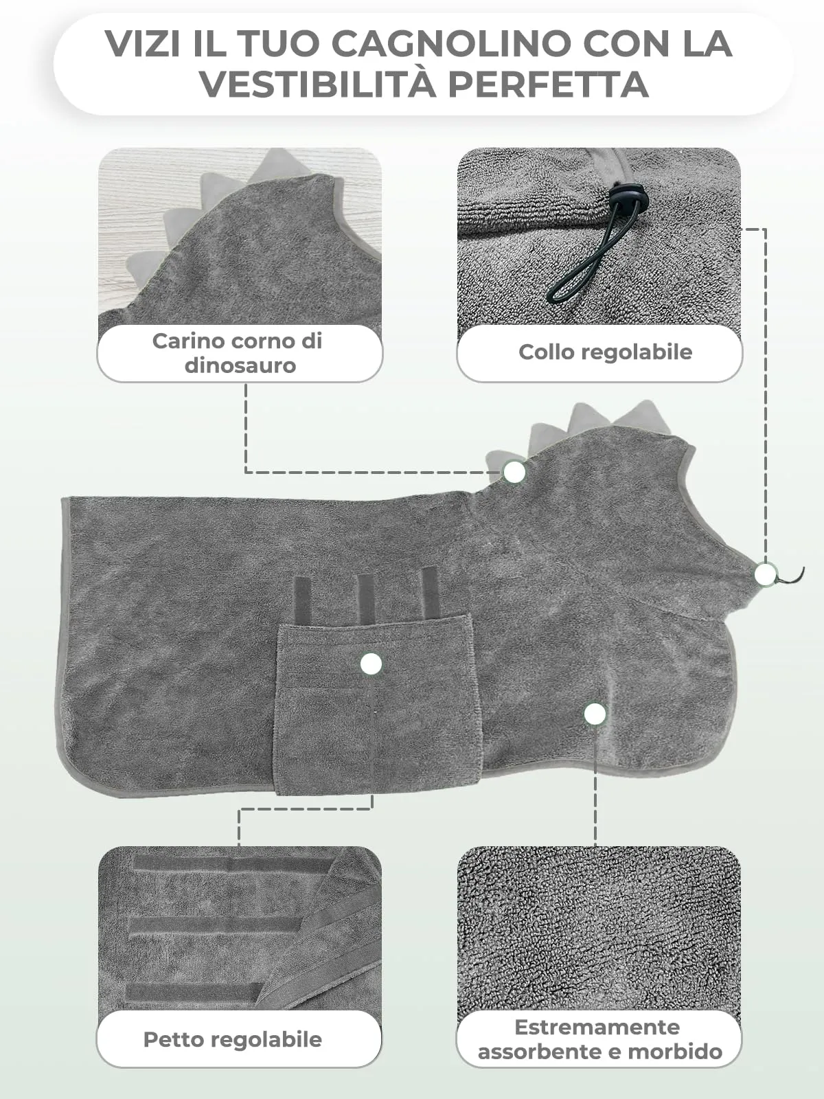 Bibykivn Accappatoio in Microfibra per Cani Design Dinosauro, XL, Grigio - immagine 5