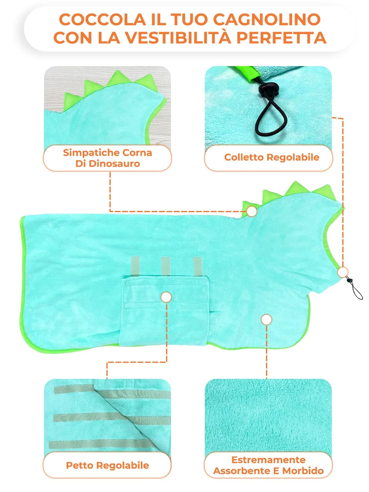 Bibykivn Accappatoio per Cani in Microfibra Design Dinosauro, Blu, Taglia S - immagine 5