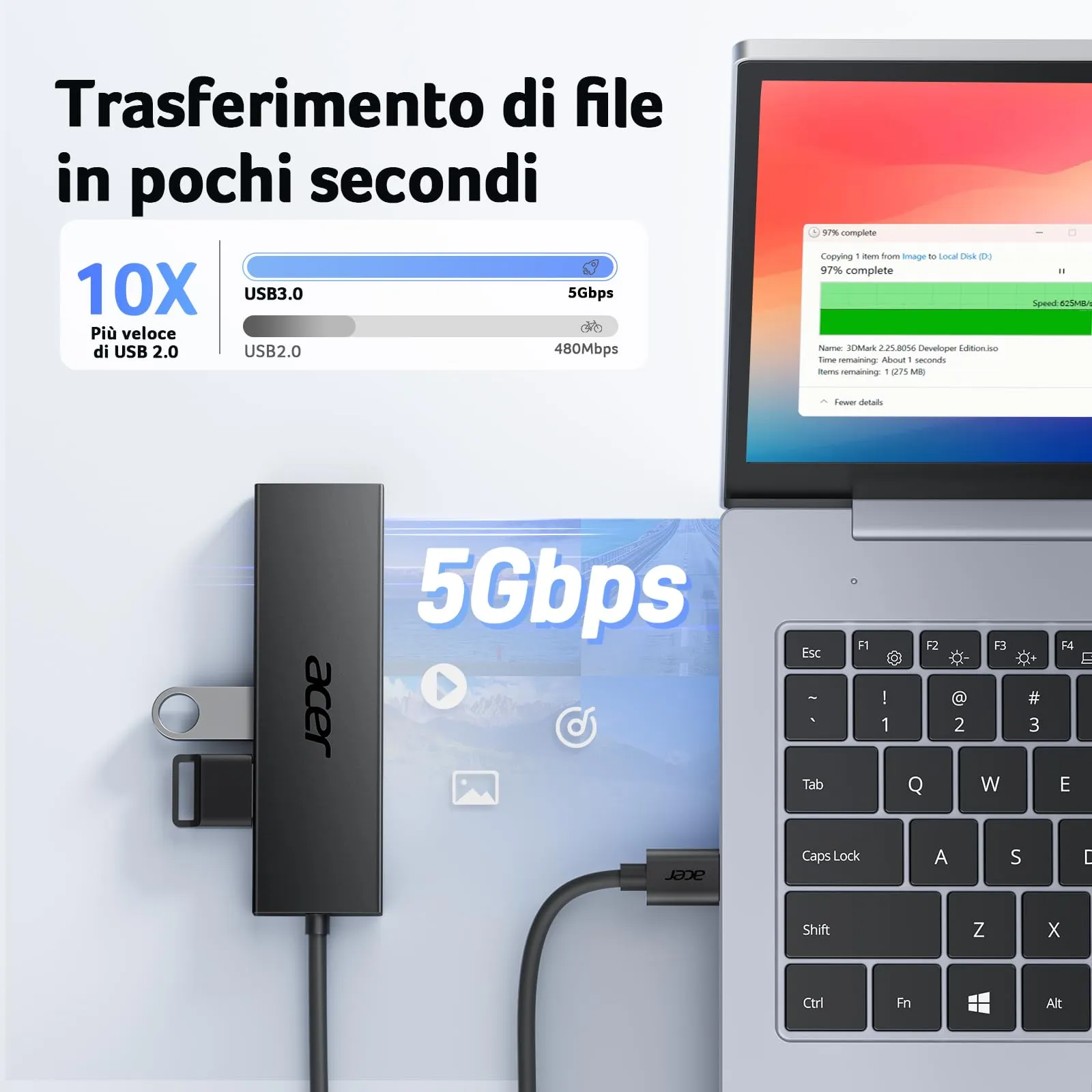 Acer Hub USB 3.0 con 5 porte, 5Gbps, 21cm - immagine 3