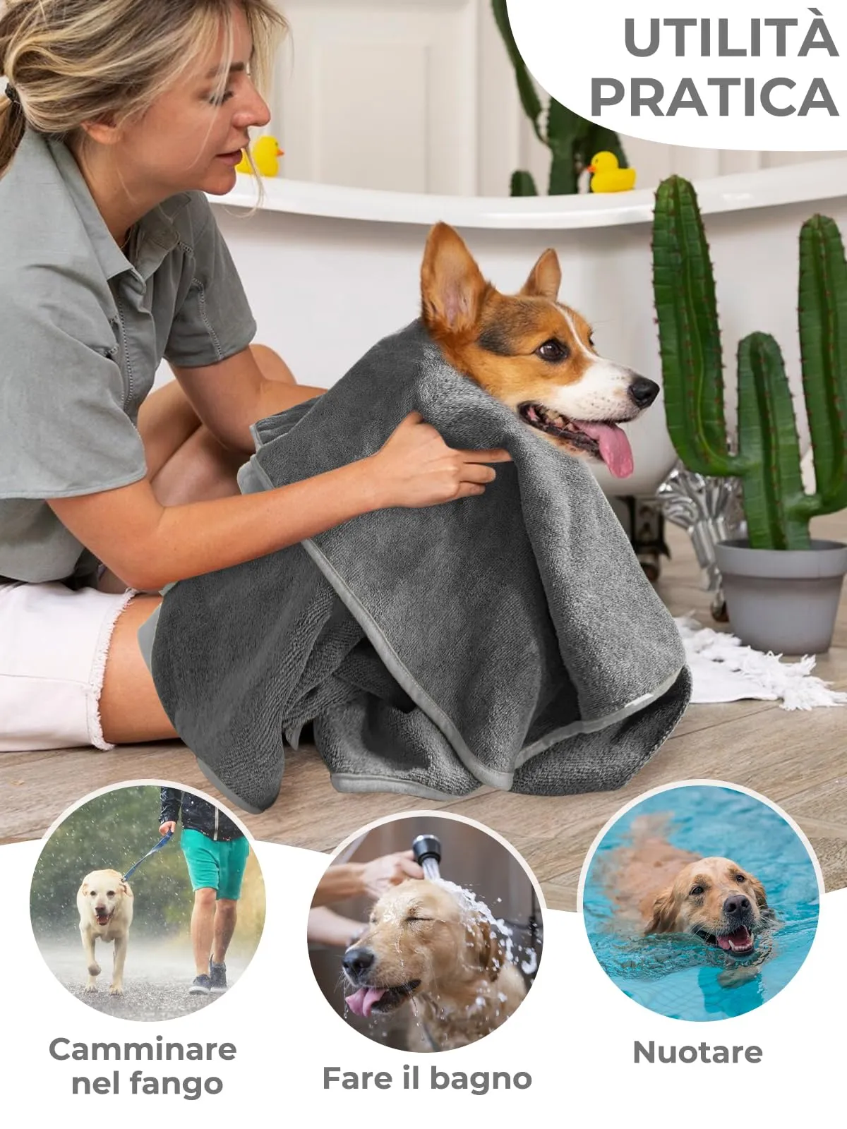 Bibykivn Accappatoio in Microfibra per Cani, Design Dinosauro, Grigio, Taglia M - immagine 6