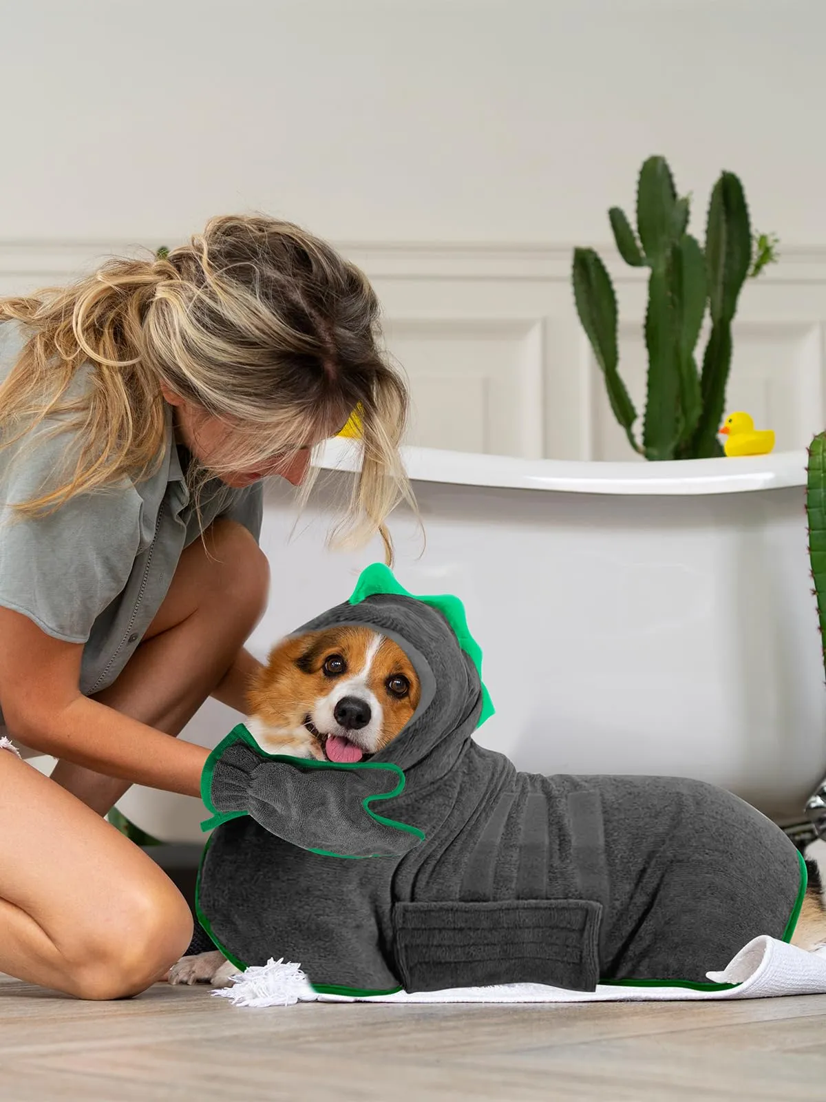 Bibykivn Accappatoio in Microfibra per Cani a Forma di Dinosauro, Verde grigio, L - immagine 7