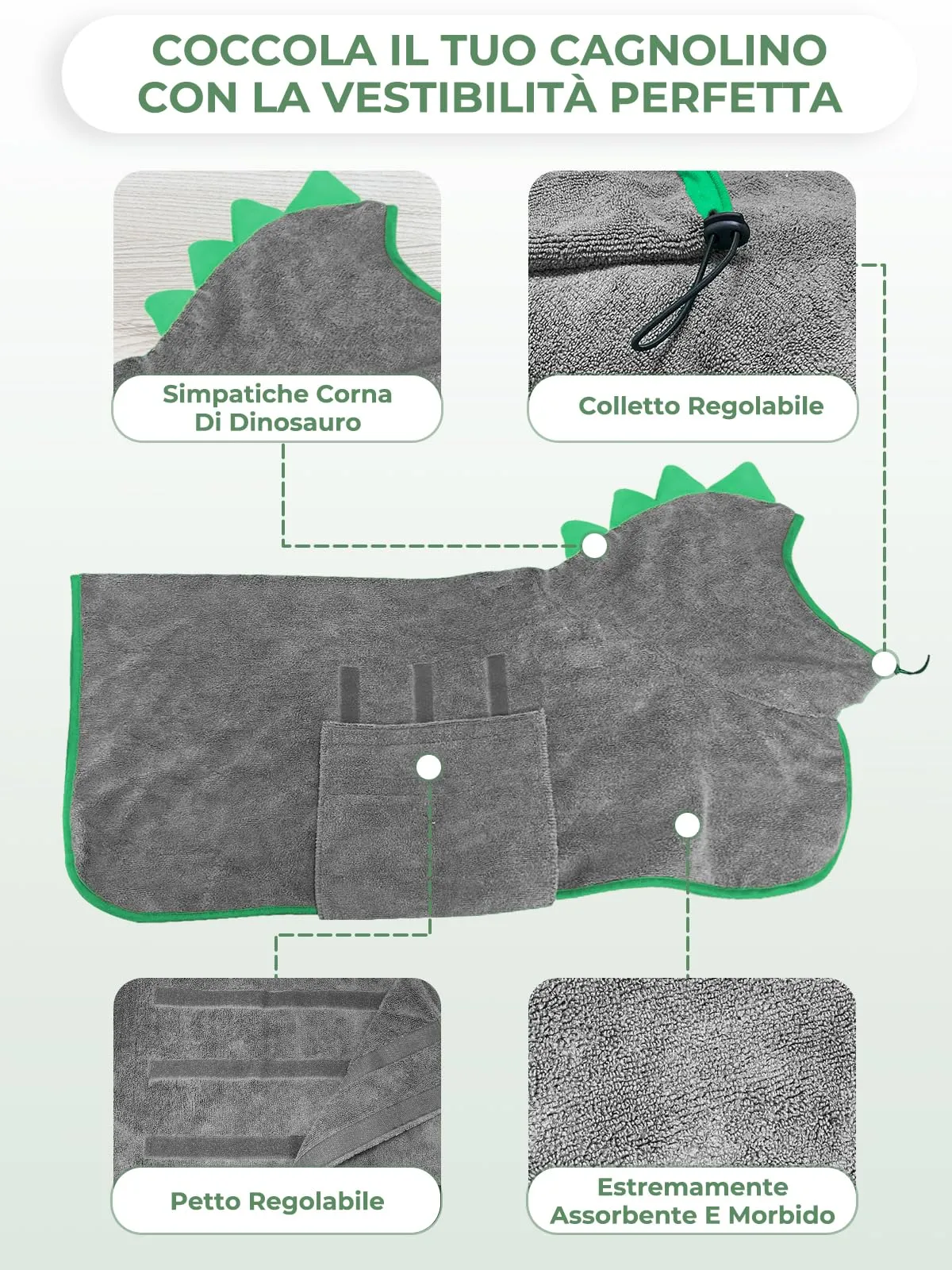 Bibykivn Accappatoio in Microfibra per Cani Design Dinosauro, Verde Grigio, M - immagine 3