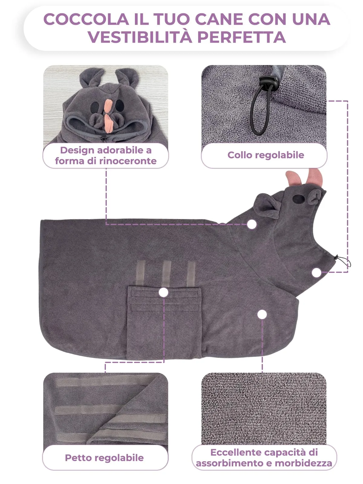 Bibykivn Accappatoio in Microfibra per Cani Design Dinosauro, Rinoceronte grigio, XL - immagine 5
