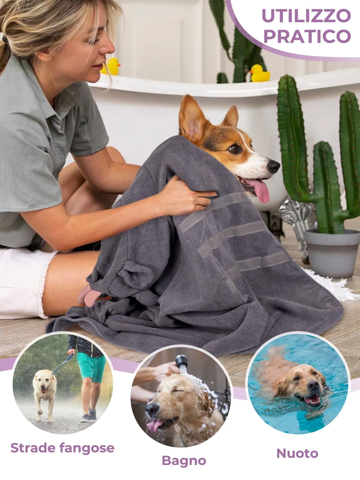 Bibykivn Accappatoio in Microfibra per Cani Design Dinosauro, Rinoceronte grigio, M - immagine 6