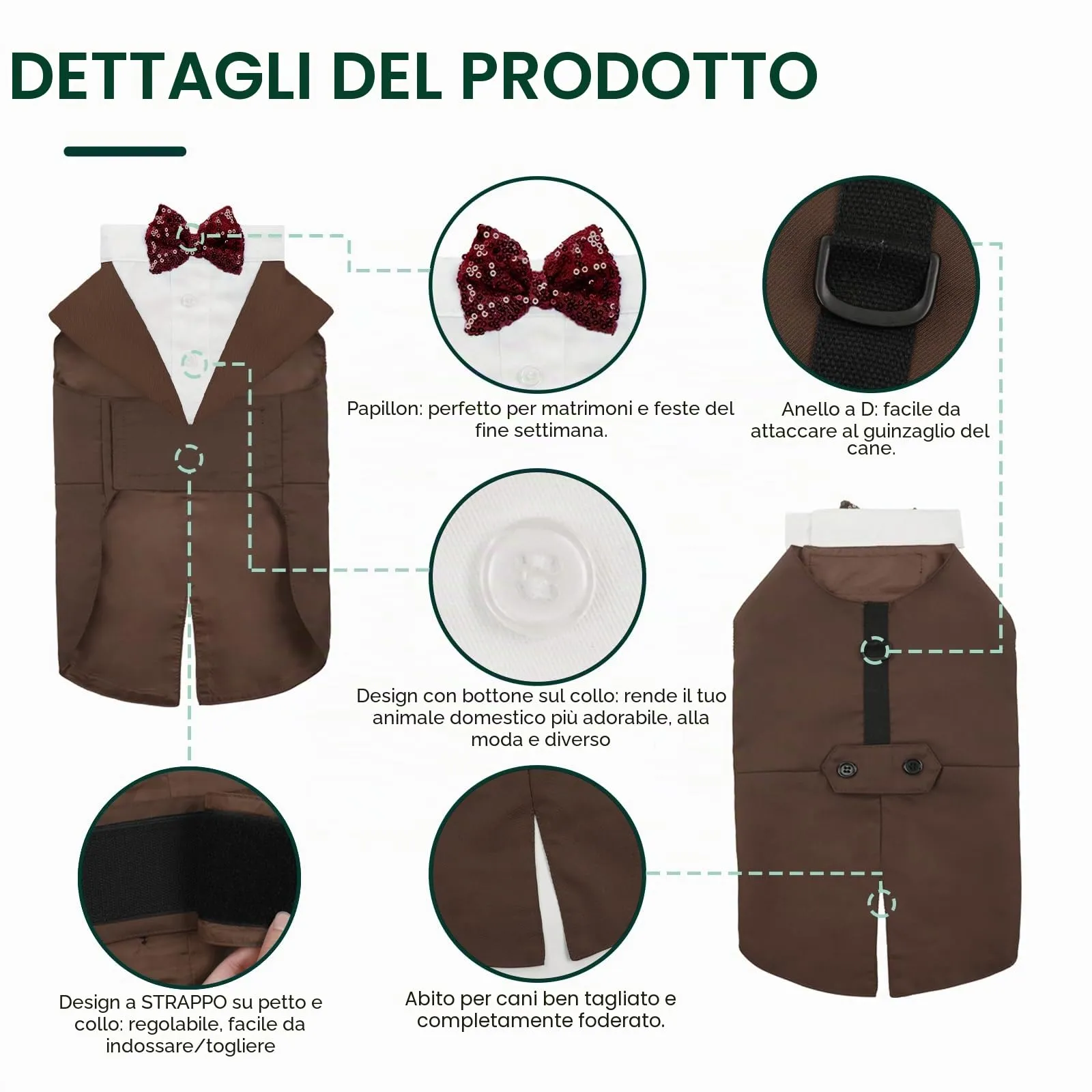 Kuoser Smoking per Cani con Papillon Removibile e Bandana, Taglia M, Marrone - immagine 4