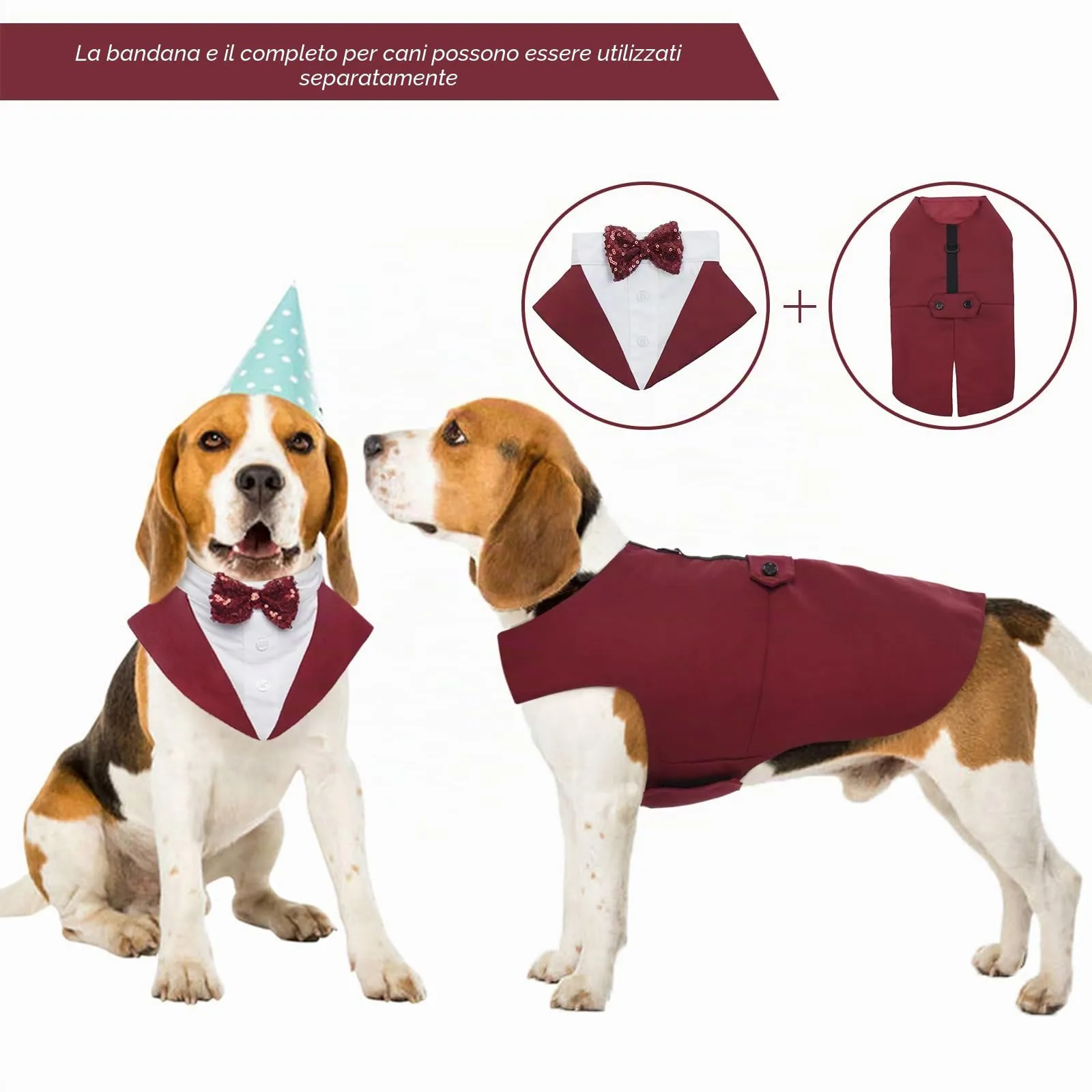 Kuoser Set Smoking e Bandana per Cani con Papillon Rimovibile, Taglia L, Rosso - immagine 3