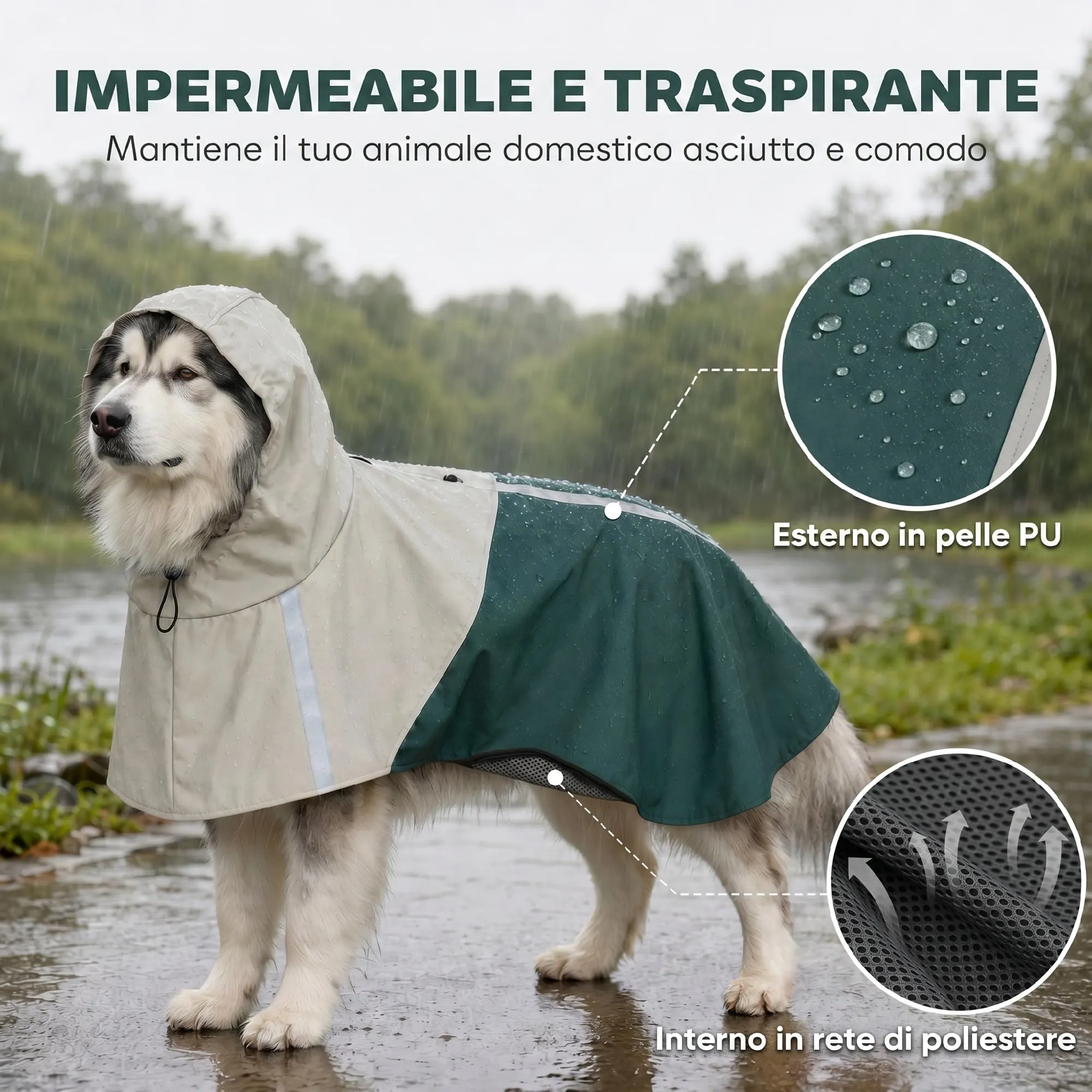 PawHut Impermeabile per Cani di Taglia Gigante 30-40kg con Cappuccio, Verde - immagine 3