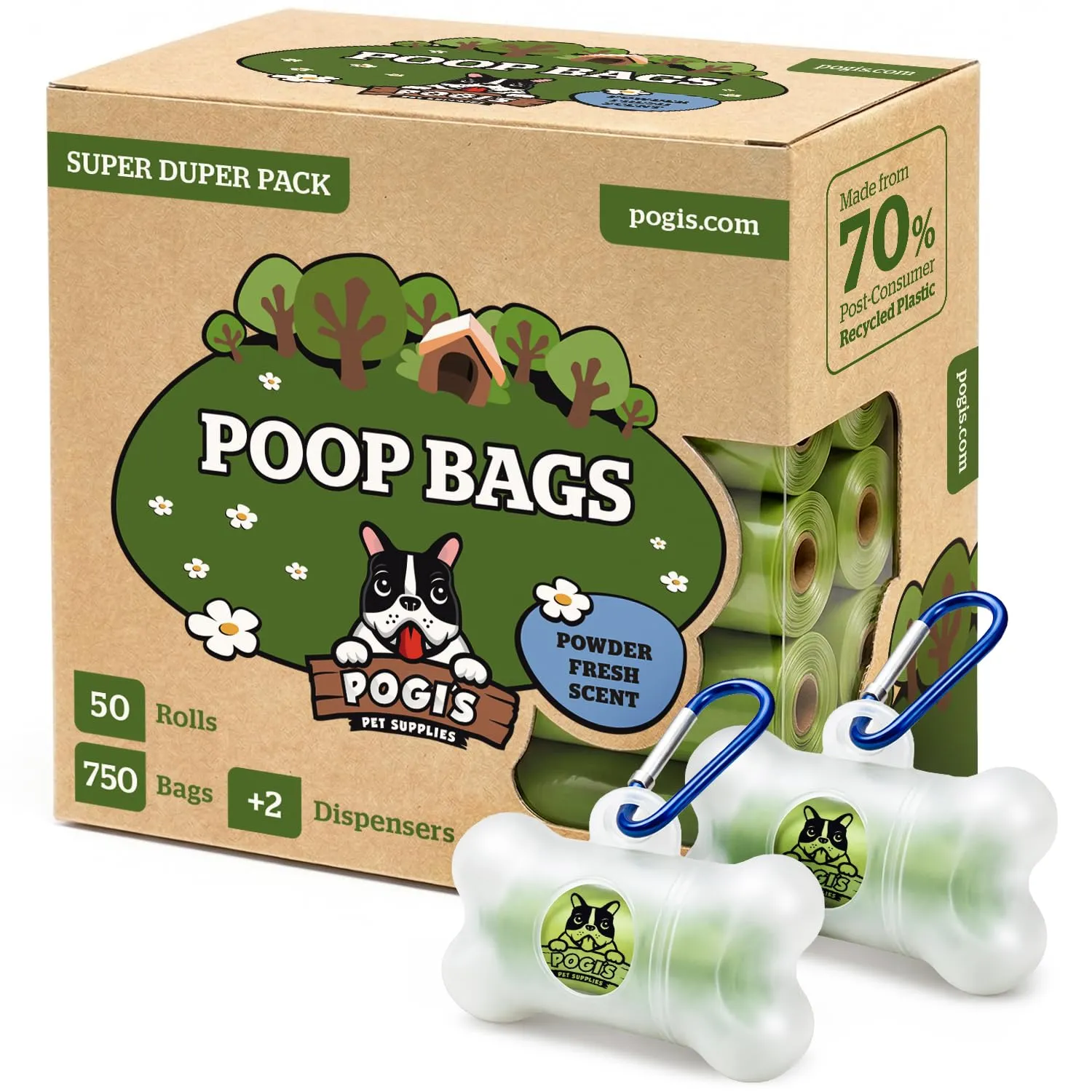 Pogi's Pet Supplies Sacchetti Igienici per Cani, Profumati e Resistenti, 750 Pezzi (50 Rotoli) con 2 Dispenser - immagine 1