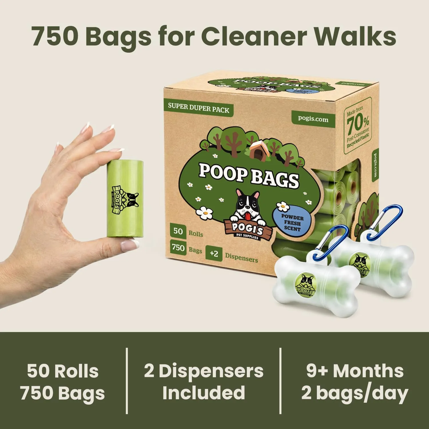 Pogi's Pet Supplies Sacchetti Igienici per Cani, Profumati e Resistenti, 750 Pezzi (50 Rotoli) con 2 Dispenser - immagine 6