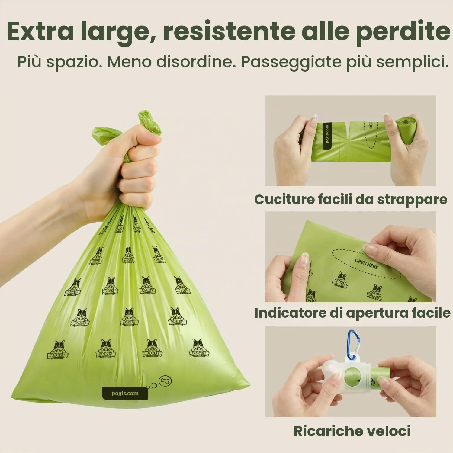 Pogi's Pet Supplies Sacchetti per Cani Senza Profumo, 750 Pezzi con 2 Dispenser - immagine 2
